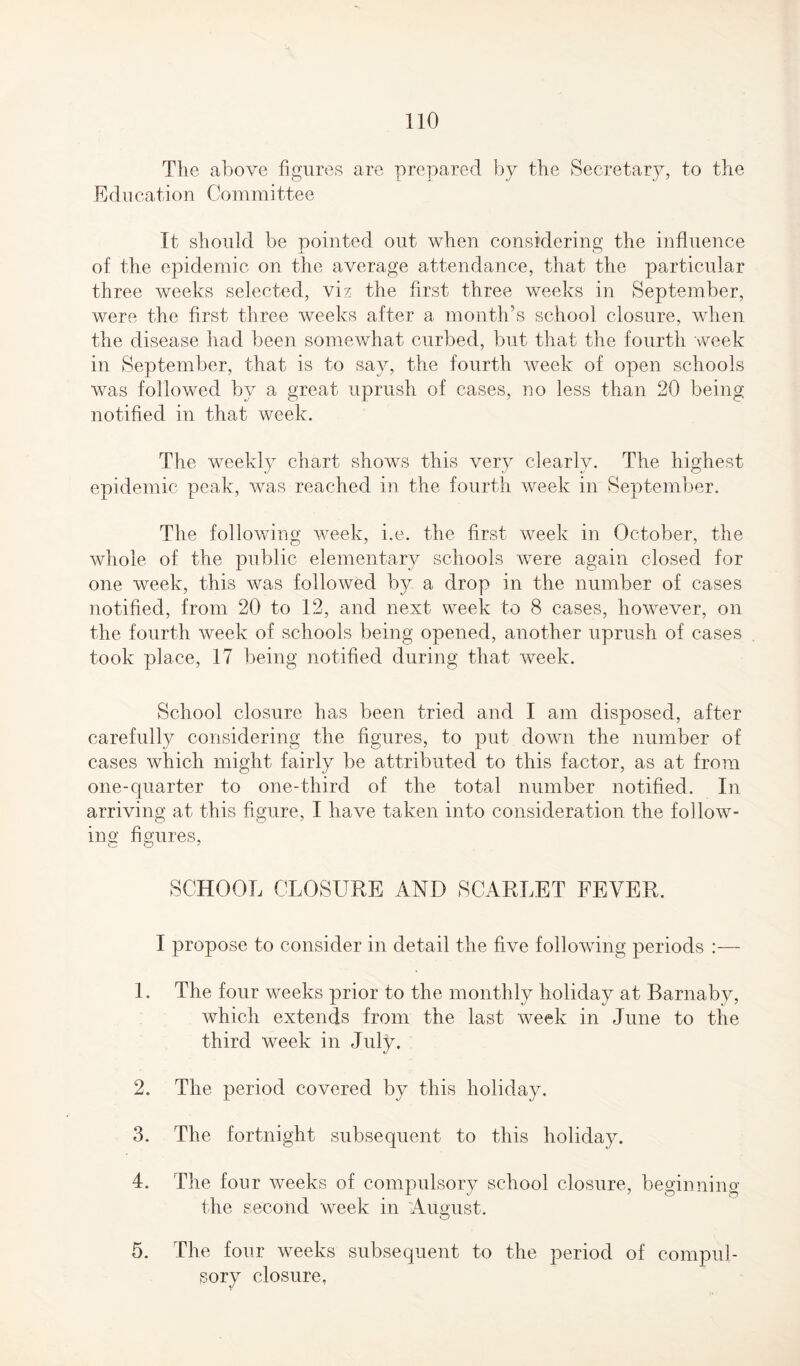 The above figures are prepared by the Secretary, to the Education Committee It should be pointed out when considering the influence of the epidemic on the average attendance, that the particular three weeks selected, viz the first three weeks in September, were the first three weeks after a month’s school closure, when the disease had been somewhat curbed, but that the fourth week in September, that is to say, the fourth week of open schools was followed by a great uprush of cases, no less than 20 being notified in that week. The weekly chart shows this very clearly. The highest epidemic peak, was reached in the fourth week in September. The following week, i.e. the first week in October, the whole of the public elementary schools were again closed for one week, this was followed by a drop in the number of cases notified, from 20 to 12, and next week to 8 cases, however, on the fourth week of schools being opened, another uprush of cases took place, 17 being notified during that week. School closure has been tried and I am disposed, after carefully considering the figures, to put down the number of cases which might fairly be attributed to this factor, as at from one-quarter to one-third of the total number notified. In arriving at this figure, I have taken into consideration the follow¬ ing figures, SCHOOL CLOSURE AND SCARLET FEVER, I propose to consider in detail the five following periods :— 1. The four weeks prior to the monthly holiday at Barnaby, which extends from the last week in June to the third week in July. 2. The period covered by this holiday. 3. The fortnight subsequent to this holiday. 4. The four weeks of compulsory school closure, beginnino- the second week in August. 5. The four weeks subsequent to the period of compul¬ sory closure,