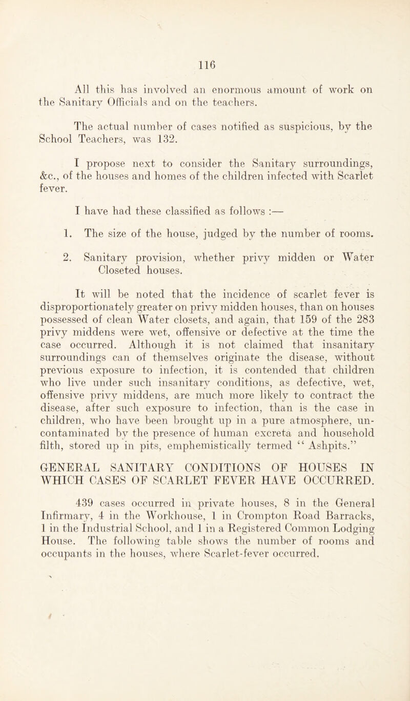 All this has involved an enormous amount of work on the Sanitary Officials and on the teachers. The actual number of cases notified as suspicious, by the School Teachers, was 132. I propose next to consider the Sanitary surroundings, &c., of the houses and homes of the children infected with Scarlet fever. I have had these classified as follows :— 1. The size of the house, judged by the number of rooms. 2. Sanitary provision, whether privy midden or Water Closeted houses. It will be noted that the incidence of scarlet fever is disproportionately greater on privy midden houses, than on bouses possessed of clean Water closets, and again, that 159 of the 283 privy middens were wet, offensive or defective at the time the case occurred. Although it is not claimed that insanitary surroundings can of themselves originate the disease, without previous exposure to infection, it is contended that children who live under such insanitary conditions, as defective, wet, offensive privy middens, are much more likely to contract the disease, after such exposure to infection, than is the case in children, who have been brought up in a pure atmosphere, un¬ contaminated by the presence of human excreta and household filth, stored up in pits, emphemistically termed “ Ashpits.” GENERAL SANITARY CONDITIONS OF HOUSES IN WHICH CASES OF SCARLET FEVER HAVE OCCURRED. 439 cases occurred in private houses, 8 in the General Infirmary, 4 in the Workhouse, 1 in Crompton Road Barracks, 1 in the Industrial School, and 1 in a Registered Common Lodging House. The following table shows the number of rooms and occupants in the houses, where Scarlet-fever occurred.