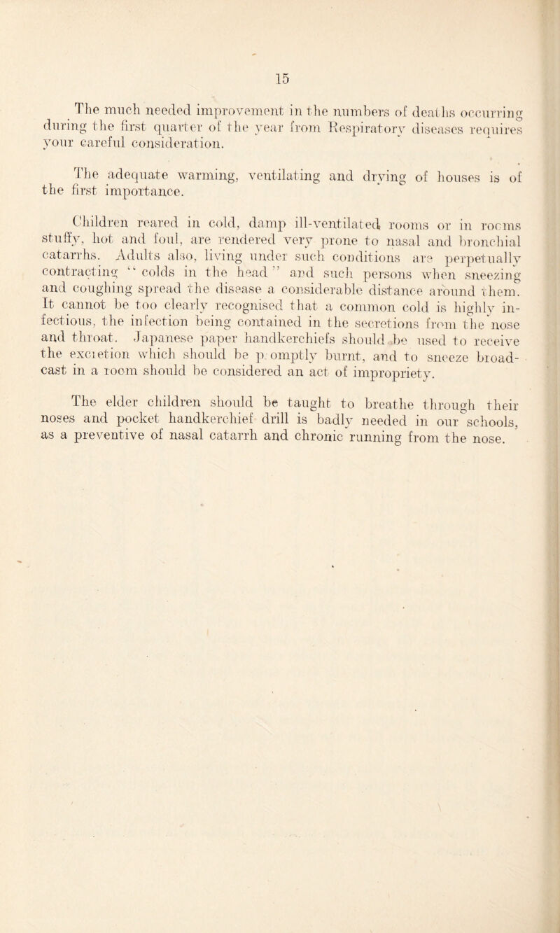 The much needed improvement in the numbers of deaths occurring during the first quarter of the year from Respiratory diseases requires your careful consideration. The adequate warming, ventilating and drying of houses is of the first importance. Children reared in cold, damp ill-ventilated rooms or in rooms stuffy, hot and foul, are rendered very prone to nasal and bronchial catarrhs. Adults also, living under such conditions are perpetually contracting colds m the head and such persons when sneezing and coughing spread the disease a considerable distance around them. It cannot be too clearly recognised that a common cold is highly in¬ fectious, the infection being contained in the secretions from the nose and throat. Japanese paper handkerchiefs should be used to receive the excretion which should be p.omptly burnt, and to sneeze broad¬ cast in a room should be considered an act of impropriety. The elder children should be taught to breathe through their noses and pocket handkerchief drill is badly needed in our schools, as a preventive of nasal catarrh and chronic running from the nose.
