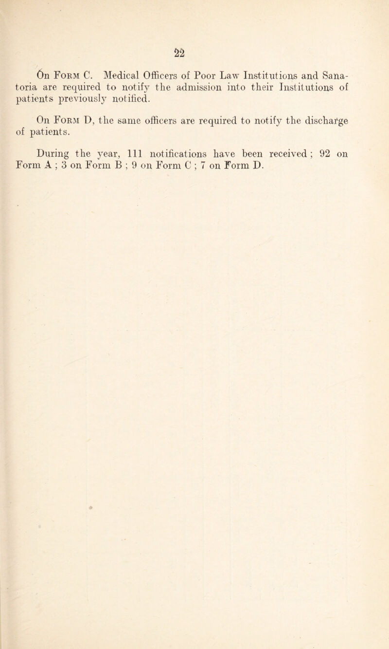On Form C. Medical Officers of Poor Law Institutions and Sana¬ toria are required to notify the admission into their Institutions of patients previously notified. On Form D, the same officers are required to notify the discharge of patients. During the year, 111 notifications have been received ; 92 on