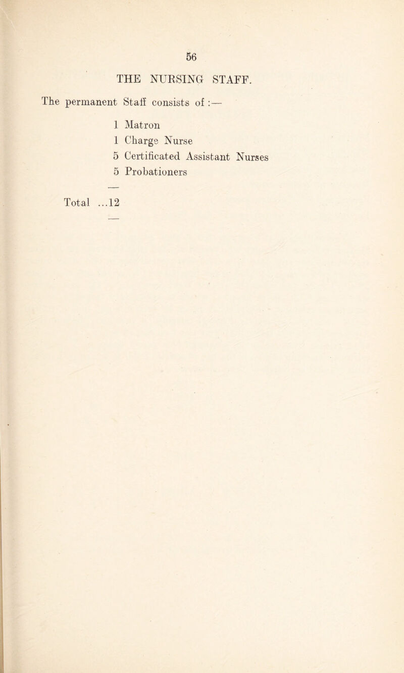 THE NURSING STAFF. The permanent Stall consists of : — 1 Matron 1 Charge Nurse 5 Certificated Assistant Nurses 5 Probationers Total ...12