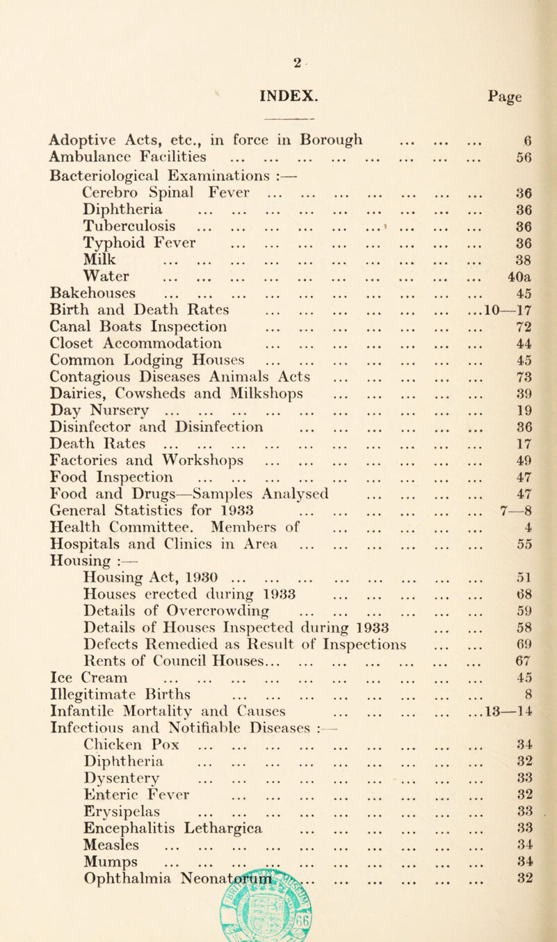 INDEX. Page Adoptive Acts, etc., in force in Borough . 6 Ambulance Facilities . 56 Bacteriological Examinations :— Cerebro Spinal Fever . 36 Diphtheria . 36 Tuberculosis .» . 36 Typhoid Fever . 36 Milk . 38 Water . 40a Bakehouses . 45 Birth and Death Rates .10—17 Canal Boats Inspection . 72 Closet Accommodation . 44 Common Lodging Houses . 45 Contagious Diseases Animals Acts . 73 Dairies, Cowsheds and Milkshops . 39 Day Nursery . 19 Disinfector and Disinfection . 36 Death Rates . 17 Factories and Workshops . 49 Food Inspection . 47 Food and Drugs—Samples Analysed . 47 General Statistics for 1933 7—8 Health Committee. Members of . 4 Hospitals and Clinics in Area . 55 Housing Housing Act, 1930 . 51 Houses erected during 1933 68 Details of Overcrowding . 59 Details of Houses Inspected during 1933 58 Defects Remedied as Result of Inspections . 69 Rents of Council Houses. 67 Ice Cream . 45 Illegitimate Births . 8 Infantile Mortality and Causes .13—14 Infectious and Notifiable Diseases :— Chicken Pox . 34 Diphtheria . 32 Dysentery . 33 Enteric Fever . 32 Erysipelas . 33 Encephalitis Lethargica . 33 Measles . 34 Mumps . 34 Ophthalmia Neonatorum v. 32