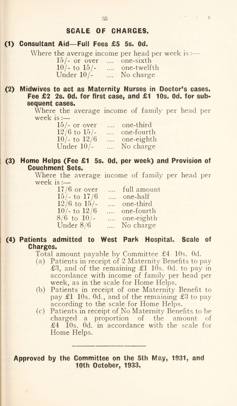 SCALE OF CHARGES, (1) Consultant Aid—Full Fees £5 5s. Od. Where the average income per head per week is :— 15/- or over .... one-sixth 10/- to 15/- .... one-twelfth Under 10/- .... No charge (2) Midwives to act as Maternity Nurses in Doctor’s cases. Fee £2 2s. Od. for first case, and £1 10s. Od. for sub¬ sequent cases. Where the average income of family per head per week is:— 15/- or over 12/6 to 15/- 10/- to 12/6 Under 10/- one-third one-fourth one-eighth No charge (3) Home Helps (Fee £1 5s. Od. per week) and Provision of Couchment Sets. of family per head per Where the week is:— IT/6 or over 15/- to 17/6 12/6 to 15/- 10/- to 12/6 8/6 to 10/- Under 8/6 average income full amount one-half one-third one-fourth one-eighth No charge (4) Patients admitted to West Park Hospital. Scale of Charges. Total amount payable by Committee £4 10s. Od. (a) Patients in receipt of 2 Maternity Benefits to pay £3, and of the remaining £1 10s. Od. to pay in accordance with income of family per head per week, as in the scale for Home Helps. (b) Patients in receipt of one Maternity Benefit to pay £1 10s. 0d., and of the remaining £3 to pay according to the scale for Home Helps. (c) Patients in receipt of No Maternity Benefits to be charged a proportion of the amount of £4 10s. Od. in accordance with the scale for Home Helps. Approved by the Committee on the 5th May, 1931, and 10th October, 1933,