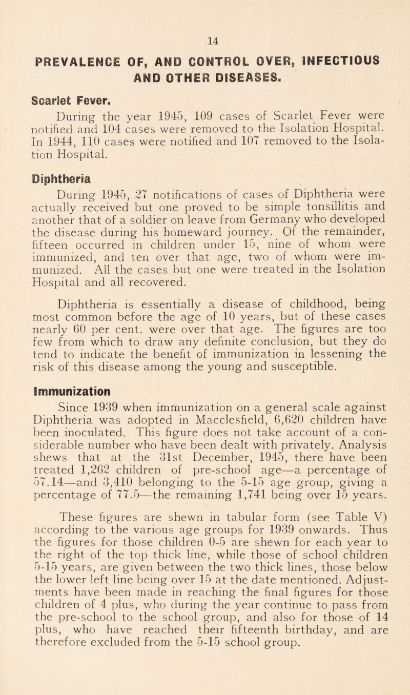 PREVALENCE OF, AND CONTROL OVER, INFECTIOUS AND OTHER DISEASES. Scariet Fever. During the year 1945, 109 cases of Scarlet Fever were notified and 104 cases were removed to the Isolation Hospital. In 1944, 110 cases were notified and 107 removed to the Isola¬ tion Hospital. Diphtheria During 1945, 27 notifications of cases of Diphtheria were actually received but one proved to be simple tonsillitis and another that of a soldier on leave from Germany who developed the disease during his homeward journey. Of the remainder, fifteen occurred in children under 15, nine of whom were immunized, and ten over that age, two of whom were im¬ munized. All the cases but one were treated in the Isolation Hospital and all recovered. Diphtheria is essentially a disease of childhood, being most common before the age of 10 years, but of these cases nearly 60 per cent, were over that age. The figures are too few from which to draw any definite conclusion, but they do tend to indicate the benefit of immunization in lessening the risk of this disease among the young and susceptible. immunization Since 1939 when immunization on a general scale against Diphtheria was adopted in Macclesfield, 6,620 children have been inoculated. This figure does not take account of a con¬ siderable number who have been dealt with privately. Analysis shews that at the 31st December, 1945, there have been treated 1,262 children of pre-school age—a percentage of 57.14—and 3,410 belonging to the 5-15 age group, giving a percentage of 77.5—the remaining 1,741 being over 15 years. These figures are shewn in tabular form (see Table V) according to the various age groups for 1939 onwards. Thus the figures for those children 0-5 are shewn for each year to the right of the top thick line, while those of school children 5-15 years, are given between the two thick lines, those below the lower left line being over 15 at the date mentioned. Adjust¬ ments have been made in reaching the final figures for those children of 4 plus, who during the year continue to pass from the pre-school to the school group, and also for those of 14 plus, who have reached their fifteenth birthday, and are therefore excluded from the 5-15 school group.