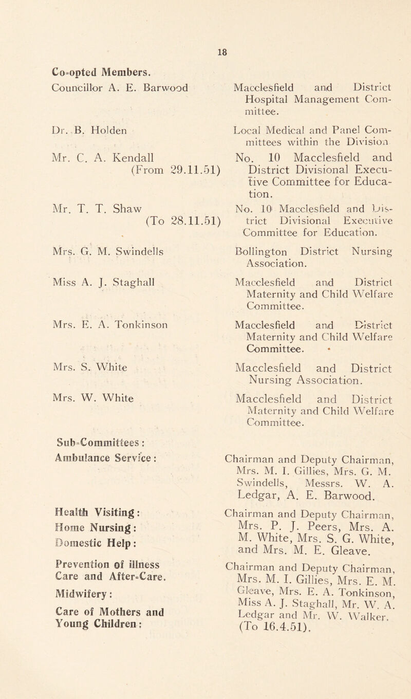 Co=opted Members. Councillor A. E. Barwood Dr. B. Holden Mr. C. A. Kendall (From 29.11.51) Mr. T. T. Shaw (To 28.11.51) Mrs. G. M. Swindells Miss A. J. Staghall Mrs. E. A. Tonkinson Mrs. S. White Mrs. W. White Si!b=Committees: Ambulance Service: Healtih Visiting: fiome Nursing: Domestic Help: Prevention of illness Care and After=Care. Midwifery: Care of Mothers and Young Children : Macclesfield and District Hospital Management Com¬ mittee. Local Medical and Panel Com¬ mittees within the Division No. 10 Macclesfield and District Divisional Execu¬ tive Committee for Educa¬ tion. No. 10' Macclesfield and Dis¬ trict Divisional Executive Committee for Education. Bollington District Nursing Association. Macclesfield and District Maternity and Child Welfare Committee. Macclesfield and District Maternity and Child Welfare Committee. Macclesfield and District Nursing Association. Macclesfield and District Maternity and Child Welfare Committee. Chairman and Deputy Chairman, Mrs. M. 1. Gillies, Mrs. G. M. Swindells, Messrs. W. A. Ledgar, A. E. Barwood. Chairman and Deputy Chairman, Mrs. P. J. Peers, Mrs. A. M. White, Mrs. S. G. White, and Mrs. M. E. Gleave. Chairman and Deputy Chairman, Mrs. M. I. Gillies, Mrs. E. M. Gieave, Mrs. E. A. Tonkinson, Miss A. J. Staghall, Mr. W. A. Ledgar and Mr. W. Walker. (To 16.4.51).