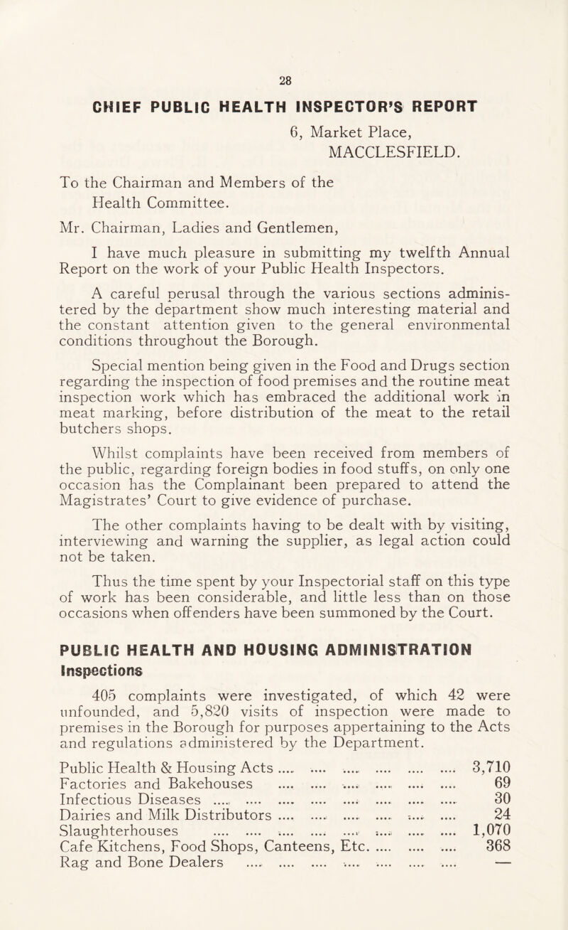 CHIEF PUBLIC HEALTH INSPECTOR'S REPORT 6, Market Place, MACCLESFIELD. To the Chairman and Members of the Health Committee. Mr. Chairman, Ladies and Gentlemen, I have much pleasure in submitting my twelfth Annual Report on the work of your Public Health Inspectors. A careful perusal through the various sections adminis¬ tered by the department show much interesting material and the constant attention given to the general environmental conditions throughout the Borough. Special mention being given in the Food and Drugs section regarding the inspection of food premises and the routine meat inspection work which has embraced the additional work in meat marking, before distribution of the meat to the retail butchers shops. Whilst complaints have been received from members of the public, regarding foreign bodies in food stuffs, on only one occasion has the Complainant been prepared to attend the Magistrates’ Court to give evidence of purchase. The other complaints having to be dealt with by visiting, interviewing and warning the supplier, as legal action could not be taken. Thus the time spent by your Inspectorial staff on this type of work has been considerable, and little less than on those occasions when offenders have been summoned by the Court. PUBLIC HEALTH AND HOUSING ADMINISTRATION Inspections 405 complaints were investigated, of which 42 were unfounded, and 5,820 visits of inspection were made to premises in the Borough for purposes appertaining to the Acts and regulations administered by the Department. Public Health & Housing Acts. .... ..... . 3,710 Factories and Bakehouses .... .... -...* ...., . 69 Infectious Diseases ...., .. . 30 Dairies and Milk Distributors... . ...» .... 24 Slaughterhouses . -... ...» -....i ..... .... 1,070 Cafe Kitchens, Food Shops, Canteens, Etc. 368 Rag and Bone Dealers .... . ..... .. ....