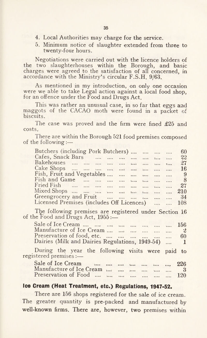 4. Local Authorities may charge for the service. 5. Minimum notice of slaughter extended from three to twenty-four hours. Negotiations were carried out with the licence holders of the two slaughterhouses within the Borough, and basic charges were agreed to the satisfaction of all concerned, in accordance with the Ministry’s circular F.S.H. 9/63. As mentioned in my introduction, on only one occasion were we able to take Legal action against a local food shop, for an offence under the Food and Drugs Act. This was rather an unusual case, in so far that eggs and maggots of the CACAO moth were found in a packet of biscuits. The case was proved and the firm were fined <£25 and costs. There are within the Borough 521 food premises composed of the following :— Butchers (including Pork Butchers). 60 Cafes, Snack Bars . .. .... .... 22 Bakehouses . .... .... ..... .... 27 Cake Shops .. ..... .... ...; .... . 16 Fish, Fruit and Vegetables. .. 9 Fish and Game . .... .. 8 Fried Fish . .... .... .. 27 Mixed Shops . .... .. .... .... . 210 Greengrocery and Fruit .. .. 34 Licensed Premises (includes Off Licences) .... .... 108 The following premises are registered under Section 16 of the Food and Drugs Act, 1955 :— Sale of Ice Cream .. ...., .... . .... .... 156 Manufacture of Ice Cream .... .... .... . 2 Preservation of food, etc. .... . 60 Dairies (Milk and Dairies Regulations, 1949-54) .... 1 During the year the following visits were registered premises :— Sale of Ice Cream ....i .... .... .... .... Manufacture of Ice Cream ...; .... .. .... Preservation of Food .... .... .... . paid to .... 226 3 .... 120 loe Cream (Heat Treatment, etc.) Regulations, 1947-52. There are 156 shops registered for the sale of ice cream. The greater quantity is pre-packed and manufactured by well-known firms. There are, however, two premises v/ithin