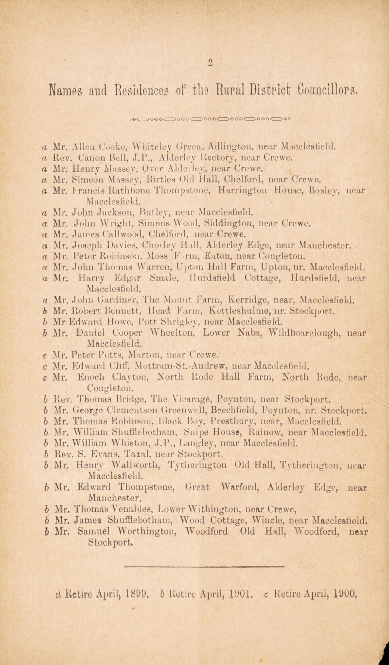 Names and Residences of the Rural District Councillors. a Mr. Allen Cooke, Whiteley Green, Adlington, near Macclesfield. a Rev. Canon Bell, J.P., Alderley Rectory, near Crewe. a Mr. Henry Massey, Over AldeGey, near Crewe. a Mr. Simeon Massey, Birtles Old Hall, Chelford. near Crewe. a Mr. Irancis Rath bone Thompstone, Harrington House, Bosley, near Macclesfield. a Mr. John Jackson, BuMey, near Macclesfield. a Mr. John Wright, Simons Wood, Siddington, near Crewe. a Mr. James ('allwood, Chelford, near Crewe. a Mr. Joseph Davies, ChoGey Hall, Alderley Edge, near Manchester. a Mr. Peter Robinson, Moss P nun, Eaton, near Congleton. a Mr. John Thomas Warren, Upton Hall Farm, Upton, nr. Macclesfield. a Mr. Harry Edgar Smale, llurdsfield Cottage, Hurdsfield, near Macclesfield. a Mr. John Gardiner, The Mount Farm, Kerridge, near, Macclesfield. b Mr. Robert Bennett, Head Farm, Kettleshulme, nr. Stockport. b Mr Edward Howe, Pott Shriglev, near Macclesfield. b Mr. Daniel Cooper Wheelton, Lower Nabs, Wildboarclough, near Macclesfield. e Mr. Peter Potts, Marton, near Crewe, c Mr. Edward Cliff, Moitram-St.-Andrew, near Macclesfield. c Mr. Enoch Clayton, North Rode Hall Farm, North Bode, near Congleton. b Rev. Thomas Bridge, The Vicarage, Boynton, near Stockport. b Mr. George Clementson Greenwell, Beechfield, Poynton, nr. Stockport. b Mr. Thomas Robinson, Black Boy, Prestbnry, near, Macclesfield. b Mr. William Shufflebotham, Snipe House, Rainow, near Macclesfield. b Mr. William Whiston, J.P., Langley, near Macclesfield. b Rev. S. Evans, Taxal, near Stockport. b Mr. Henry Wallvvorth, Tytherington Old Hall, Tvtheriugton, near Macclesfield. b Mr. Edward Thompstone, Great Warford, Alderley Edge, near Manchester, b Mr. Thomas Venables, Lower Withington, near Crewe, b Mr. James Shufflebotham, Wood Cottage, Wincle, near Macclesfield, b Mr. Samuel Worthington, Woodford Old Hall, Woodford, near Stockport. ti lvetir£ Aprilj 1899, b Retire April, 1901. c Retire April, 1900,