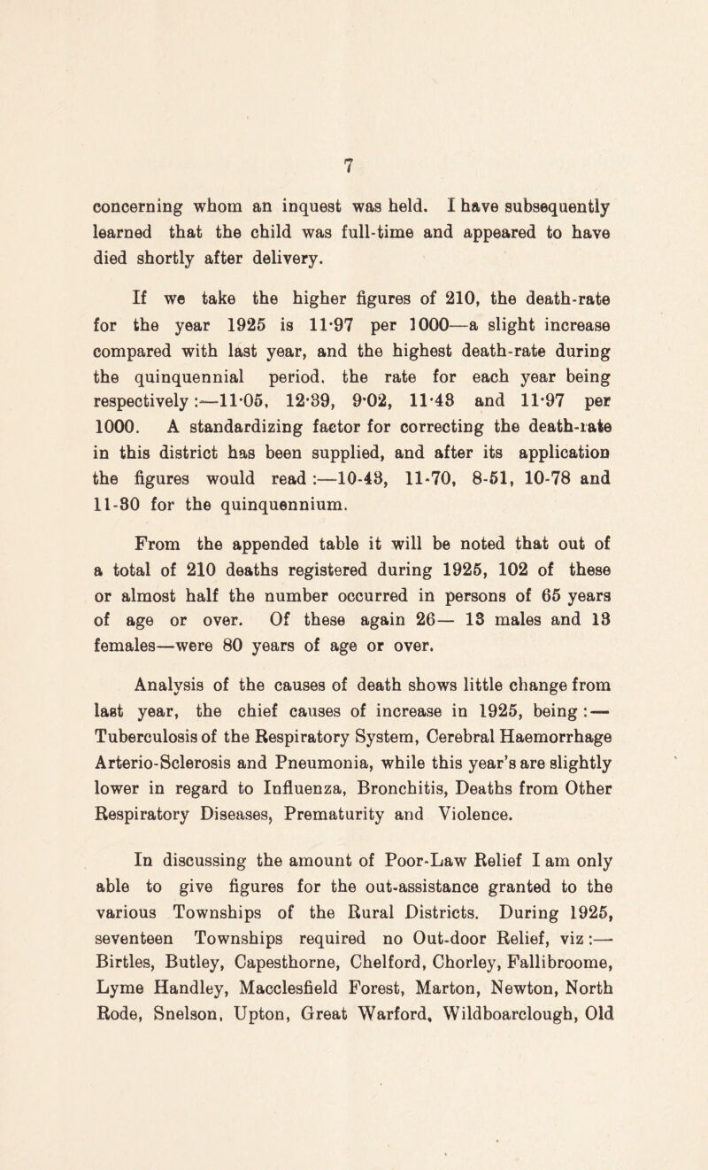 concerning whom an inquest was held. I have subsequently learned that the child was full-time and appeared to have died shortly after delivery. If we take the higher figures of 210, the death-rate for the year 1925 is 11*97 per 1000—a slight increase compared with last year, and the highest death-rate during the quinquennial period, the rate for each year being respectively11*05, 12*39, 9*02, 11*48 and 11*97 per 1000. A standardizing factor for correcting the death-rate in this district has been supplied, and after its application the figures would read-10-48, 11-70, 8-51, 10-78 and 11-80 for the quinquennium. From the appended table it will be noted that out of a total of 210 deaths registered during 1925, 102 of these or almost half the number occurred in persons of 65 years of age or over. Of these again 26— 13 males and 13 females—were 80 years of age or over. Analysis of the causes of death shows little change from last year, the chief causes of increase in 1925, being: — Tuberculosis of the Respiratory System, Cerebral Haemorrhage Arterio-Sclerosis and Pneumonia, while this year’s are slightly lower in regard to Influenza, Bronchitis, Deaths from Other Respiratory Diseases, Prematurity and Violence. In discussing the amount of Poor-Law Relief I am only able to give figures for the out-assistance granted to the various Townships of the Rural Districts. During 1925, seventeen Townships required no Out-door Relief, viz:—■ Birtles, Butley, Capesthorne, Chelford, Chorley, Fallibroome, Lyme Handley, Macclesfield Forest, Marton, Newton, North Rode, Snelson, Upton, Great Warford, Wildboarclough, Old
