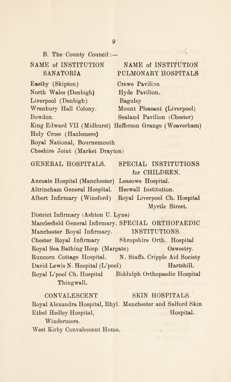 B. The County Council NAME of INSTITUTION SANATORIA Eastby (Skipton) North Wales (Denbigh) Liverpool (Denbigh) Wrenbury Hall Colony. Bowdon. NAME of INSTITUTION PULMONARY HOSPITALS Crewe Pavilion Hyde Pavilion. Baguley Mount Pleasant (Liverpool) Sealand Pavilion (Chester) King Edward VII (Midhurst) Hefferson Grange (Weaverham) Holy Cross (Hazlemere) Royal National, Bournemouth Cheshire Joint (Market Drayton) GENERAL HOSPITALS. SPECIAL INSTITUTIONS for CHILDREN. Ancoats Hospital (Manchester) Leasowe Hospital. Altrincham General Hospital. Heswall Institution. Albert Infirmary (Winsford) Royal Liverpool Ch. Hospital Myrtle Street. District Infirmary (Ashton U. Lyne) Macclesfield General Infirmary. SPECIAL ORTHOPAEDIC Manchester Royal Infirmary. INSTITUTIONS. Chester Royal Infirmary Shropshire Orth. Hospital Royal Sea Bathing Hosp. (Margate) Oswestry. Runcorn Cottage Hospital. N. Staffs. Cripple Aid Society David Lewis N. Hospital (L’pool) Hartshill. Royal L’pool Ch. Hospital Biddulph Orthopaedic Hospital Thingwall. CONVALESCENT SKIN HOSPITALS. Royal Alexandra Hospital, Rhyl. Manchester and Salford Skin Ethel Hedley Hospital, Hospital. Windermere. West Kirby Convalescent Home.