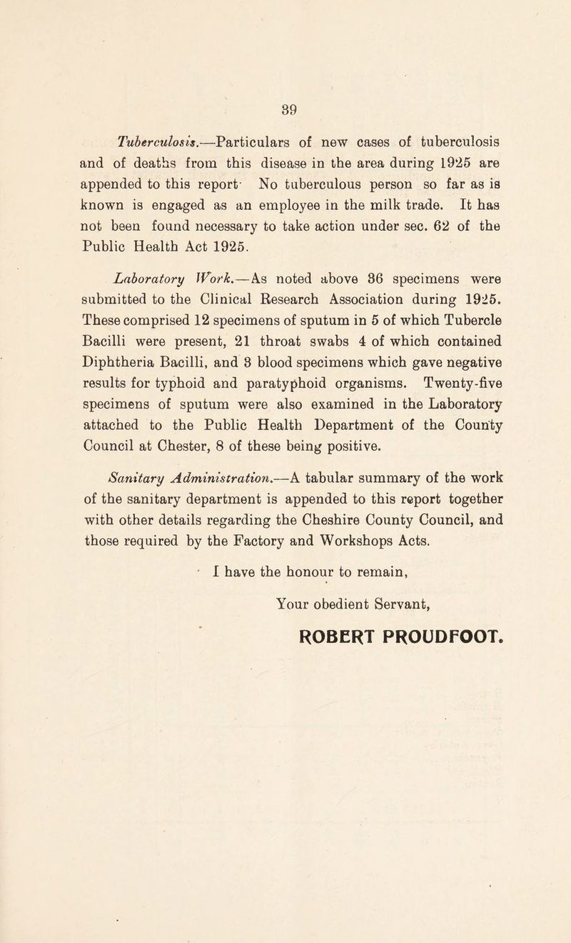 Tuberculosis.—Particulars of new cases of tuberculosis and of deaths from this disease in the area during 1925 are appended to this report- No tuberculous person so far as is known is engaged as an employee in the milk trade. It has not been found necessary to take action under sec. 62 of the Public Health Act 1925. Laboratory Work.—As noted above 36 specimens were submitted to the Clinical Research Association during 1925. These comprised 12 specimens of sputum in 5 of which Tubercle Bacilli were present, 21 throat swabs 4 of which contained Diphtheria Bacilli, and 3 blood specimens which gave negative results for typhoid and paratyphoid organisms. Twenty-five specimens of sputum were also examined in the Laboratory attached to the Public Health Department of the County Council at Chester, 8 of these being positive. Sanitary Administration.—A tabular summary of the work of the sanitary department is appended to this report together with other details regarding the Cheshire County Council, and those required by the Factory and Workshops Acts. I have the honour to remain, Your obedient Servant, ROBERT PROUDFOOT.