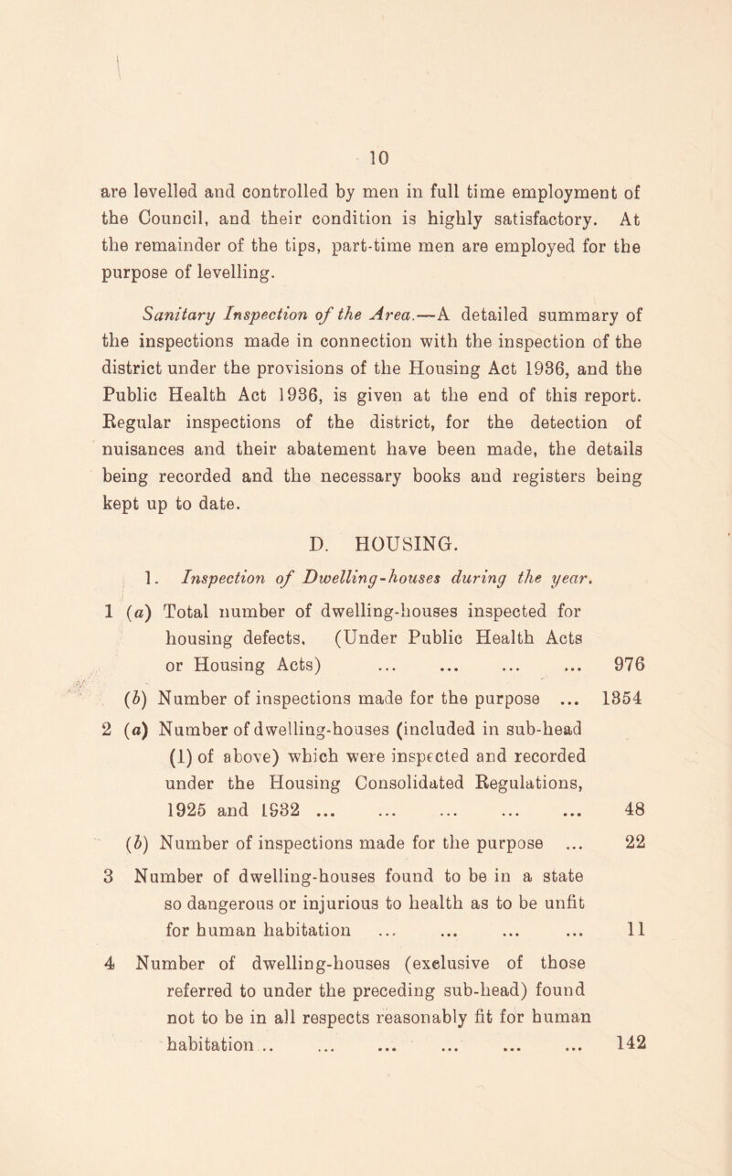 are levelled and controlled by men in full time employment of the Council, and their condition is highly satisfactory. At the remainder of the tips, part-time men are employed for the purpose of levelling. Sanitary Inspection of the Area.—A detailed summary of the inspections made in connection with the inspection of the district under the provisions of the Housing Act 1986, and the Public Health Act 1936, is given at the end of this report. Regular inspections of the district, for the detection of nuisances and their abatement have been made, the details being recorded and the necessary books and registers being kept up to date. D. HOUSING. 1. Inspection of Dwelling-houses during the year. 1 (a) Total number of dwelling-houses inspected for housing defects, (Under Public Health Acts or Housing Acts) ... ... ... ... 976 (b) Number of inspections made for the purpose ... 1354 2 (a) Number of dwelling-houses (included in sub-head (1) of above) which were inspected and recorded under the Housing Consolidated Regulations, 1925 and IS32. 48 (b) Number of inspections made for the purpose ... 22 3 Number of dwelling-houses found to be in a state so dangerous or injurious to health as to be unfit for human habitation ... ... ... ... 11 4 Number of dwelling-houses (exclusive of those referred to under the preceding sub-head) found not to be in all respects reasonably fit for human habitation .. ... ... ... ... ... 142