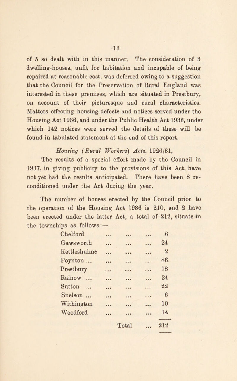 of 5 so dealt with in this manner. The consideration of 8 dwelling-houses, unfit for habitation and incapable of being repaired at reasonable cost, was deferred owing to a suggestion that the Council for the Preservation of Rural England was interested in these premises, which are situated in Prestbury, on account of their picturesque and rural characteristics. Matters effecting housing defects and notices served under the Housing Act 1936, and under the Public Health Act 1936, under which 142 notices were served the details of these will be found in tabulated statement at the end of this report. Housing (Rural Workers) Acts, 1926/31, The results of a special effort made by the Council in 1937, in giving publicity to the provisions of this Act, have not yet had the results anticipated. There have been 8 re¬ conditioned under the Act during the year. The number of houses erected by the Council prior to the operation of the Housing Act 1936 is 210, and 2 have been erected under the latter Act, a total of 212, situate in the townships as follows:— Chelford 6 Gawsworth ... 24 Kettleshulme 2 Poynton ... ... 86 Prestbury ... 18 Rainow ... ... 24 Sutton ... 22 Snelson ... 6 Withington 10 Woodford 14 Total *«• 212