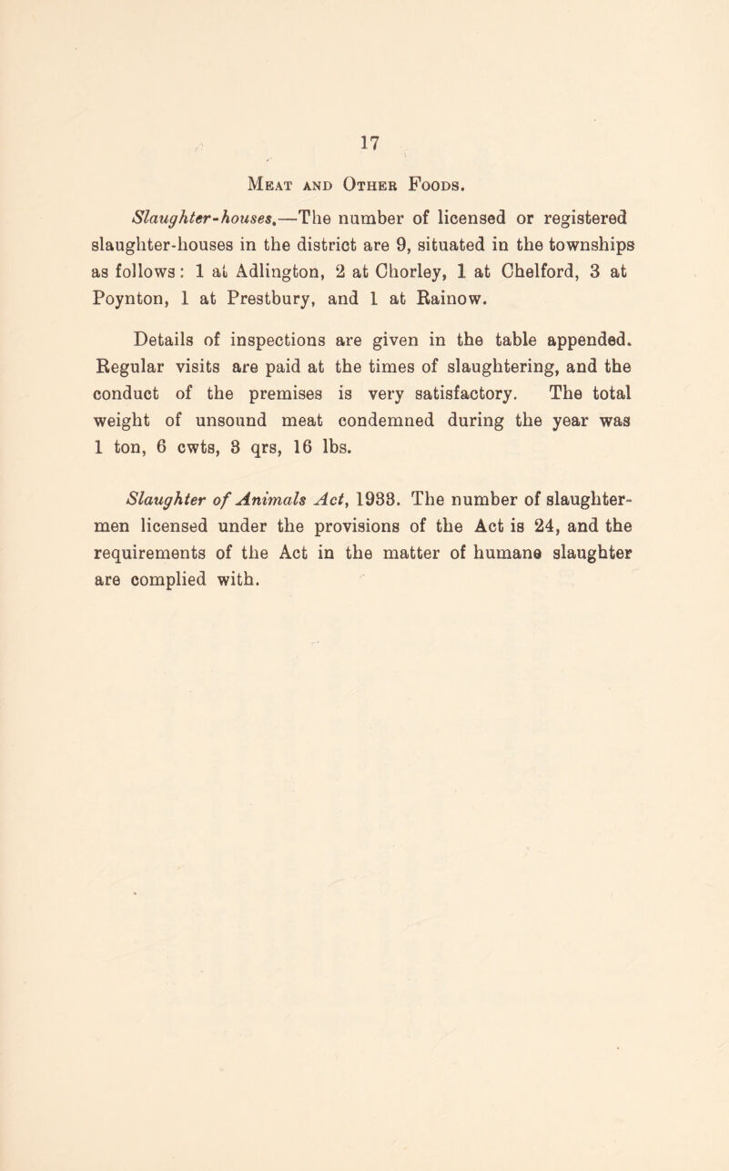 Meat and Other Foods. Slaughter-houses.—The number of licensed or registered slaughter-houses in the district are 9, situated in the townships as follows: 1 at Adlington, 2 at Chorley, 1 at Chelford, 3 at Poynton, 1 at Prestbury, and 1 at Rainow. Details of inspections are given in the table appended. Regular visits are paid at the times of slaughtering, and the conduct of the premises is very satisfactory. The total weight of unsound meat condemned during the year was 1 ton, 6 cwts, 8 qrs, 16 lbs. Slaughter of Animals Act, 1938. The number of slaughter ¬ men licensed under the provisions of the Act is 24, and the requirements of the Act in the matter of humane slaughter are complied with.