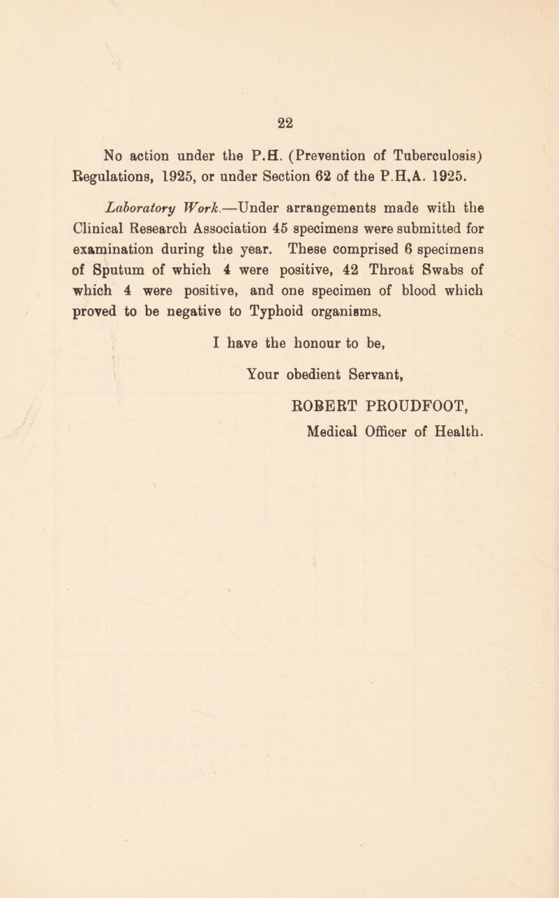 No action under the P.EL (Prevention of Tuberculosis) Regulations, 1925, or under Section 62 of the P.H.A. 1925. Laboratory Work.—Under arrangements made with the Clinical Research Association 45 specimens were submitted for examination during the year. These comprised 6 specimens of Sputum of which 4 were positive, 42 Throat Swabs of which 4 were positive, and one specimen of blood which proved to be negative to Typhoid organisms. I have the honour to be, Your obedient Servant, ROBERT PROUDFOOT, Medical Officer of Health.