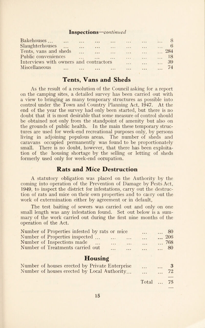 Inspections—co nti n u e d Bakehouses. 8 Slaughterhouses . 6 Tents, vans and sheds ... ... ... ... ... ... 284 Public conveniences ... ... ... ... ... ... 18 Interviews with owners and contractors ... ... ... 39 Miscellaneous . .. ... ... 74 Tents, Vans and Sheds As the result of a resolution of the Council asking for a report on the camping sites, a detailed survey has been carried out with a view to bringing as many temporary structures as possible into control under the Town and Country Planning Act, 1947. At the end of the year the survey had only been started, but there is no doubt that it is most desirable that some measure of control should be obtained not only from the standpoint of amenity but also on the grounds of public health. In the main these temporary struc¬ tures are used for week-end recreational purposes only, by persons living in adjoining populous areas. The number of sheds and caravans occupied permanently was found to be proportionately small. There is no doubt, however, that there has been exploita¬ tion of the housing shortage by the selling or letting of sheds formerly used only for week-end occupation. Rats and Mice Destruction A statutory obligation was placed on the Authority by the coming into operation of the Prevention of Damage by Pests Act, 1949, to inspect the district for infestations, carry out the destruc¬ tion of rats and mice on their own properties and to cai ry out the work of extermination either by agreement or in default, The test baiting of sewers was carried out and only on one small length was any infestation found. Set out below is a sum¬ mary of the work carried out during the first nine months of the operation of the Act. Number of Properties infested by rats or mice ... ... 80 Number of Properties inspected ... ... ... ... ... 206 Number of Inspections made ... ... ... ... ... 768 Number of Treatments carried out ... ... ... ... 80 Housing Number of houses erected by Private Enterprise ... ... 3 Number of houses erected by Local Authority... ... ... 72 Total ... 75