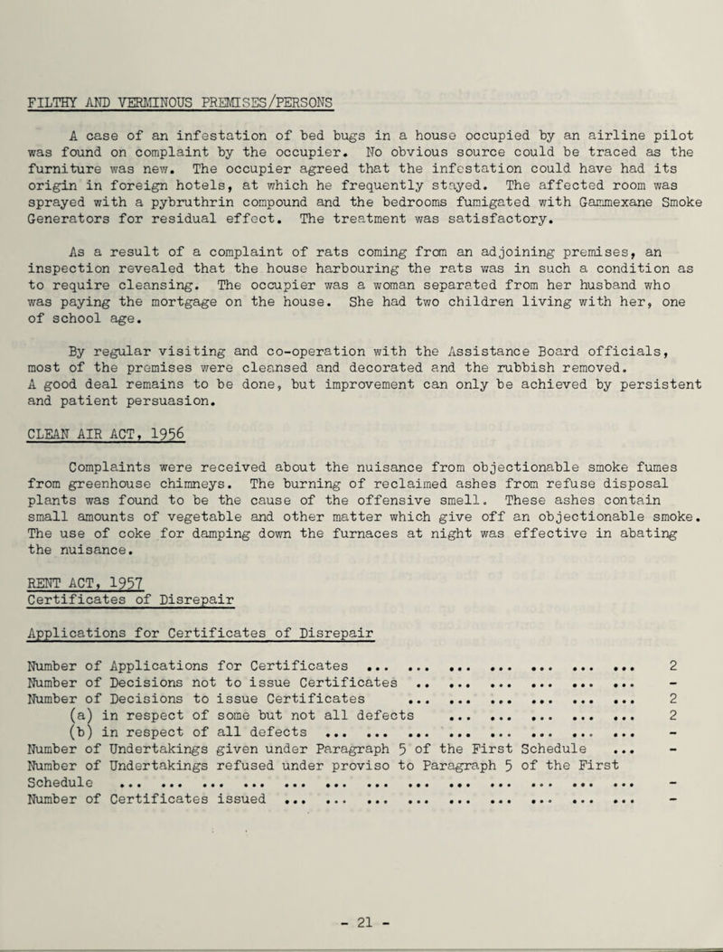 FILTHY AND VERMINOUS PREMISES/PERSONS A case of an infestation of bed bugs in a house occupied by an airline pilot was found on complaint by the occupier. Ho obvious source could be traced as the furniture was new. The occupier agreed that the infestation could have had its origin in foreign hotels, at which he frequently stayed. The affected room was sprayed with a pybruthrin compound and the bedrooms fumigated with Gammexane Smoke Generators for residual effect. The treatment was satisfactory. As a result of a complaint of rats coming from an adjoining premises, an inspection revealed that the house harbouring the rats was in such a condition as to require cleansing. The occupier was a woman separated from her husband who was paying the mortgage on the house. She had two children living with her, one of school age. By regular visiting and co-operation with the Assistance Board officials, most of the premises were cleansed and decorated and the rubbish removed. A good deal remains to be done, but improvement can only be achieved by persistent and patient persuasion. CLEAN AIR ACT, 1956 Complaints were received about the nuisance from objectionable smoke fumes from greenhouse chimneys. The burning of reclaimed ashes from refuse disposal plants was found to be the cause of the offensive smell. These ashes contain small amounts of vegetable and other matter which give off an objectionable smoke. The use of coke for damping down the furnaces at night was effective in abating the nuisance. RENT ACT, 1937 Certificates of Disrepair Applications for Certificates of Disrepair Number of Applications for Certificates .. 2 Number of Decisions not to issue Certificates .. ... Number of Decisions to issue Certificates . .. ... 2 (a) in respect of some but not all defects .. 2 (b) in respect of all defects . ... Number of Undertakings given under Paragraph 5 of the First Schedule Number of Undertakings refused under proviso to Paragraph 5 of the First Schedule .. ... ... Number of Certificates issued .... .