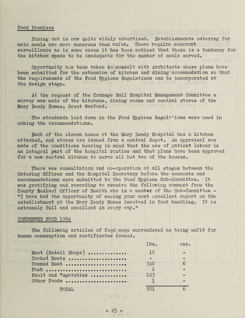 Food Premises Dining out is now quite widely advertised. Establishments catering for main meals are more numerous than cafes. These require constant surveillance as in some cases it has been noticed that there is a tendency for the kitchen space to be inadequate for the number of meals served. Opportunity has been taken to^bonsult with Architects where plans have been submitted for the extension of kitchen and dining accommodation so that the requirements of the Food Hygiene Regulations can be incorporated at the design stage. At the request of the Cranage Hall Hospital Management Committee a survey was made of the kitchens, dining rooms and central stores of the Mary Dendy Homes, Great V/arford. The standards laid down in the Food Hygiene Regulations were used in making the recommendations. Each of the eleven homes at the Mary Dendy Hospital has a kitchen attached, and stores are issued from a central depot. An appraisal was made of the conditions bearing in mind that the use of patient labour is an integral part of the hospital routine and that plans have been approved for a new central kitchen to serve all but two of the houses. There was consultation and co-operation at all stages between the Catering Officer and the Hospital Secretary before the comments and recommendations were submitted to the Food Hygiene Sub-Committee. It was gratifying and rewarding to receive the following comment from the County Mediacl Officer of Health who is a member of the Sub-Committee - MI have had the opportunity of seeing your most excellent report on the establishment at the Mary Dendy Homes involved in food handling. It is extremely full and excellent in every way. CONDEMNED FOOD 1964 The following articles of food were surrendered as being unfit for human consumption and certificates issued. lbs. ozs. Meat (Retail Shops) .. .... 16 - Cooked Meats .................. Canned Meat .. 6 Fish ..... .... 1 Fruit and Vegetables .. - Other Foods ................... .... 1 TOTAL 501 6