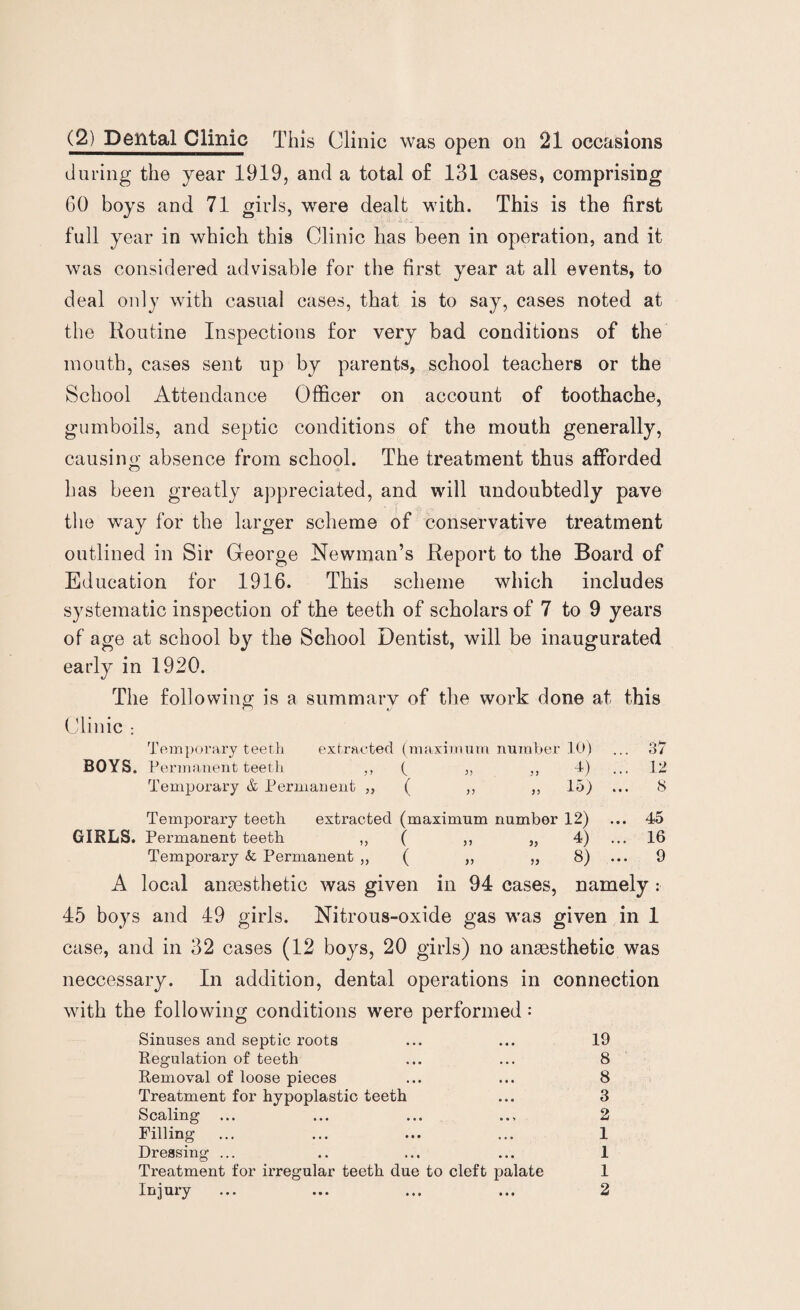 during the year 1919, and a total of 131 cases, comprising 60 boys and 71 girls, were dealt with. This is the first full year in which this Clinic has been in operation, and it was considered advisable for the first year at all events, to deal only with casual cases, that is to say, cases noted at the Routine Inspections for very bad conditions of the mouth, cases sent up by parents, school teachers or the School Attendance Officer on account of toothache, gumboils, and septic conditions of the mouth generally, causing absence from school. The treatment thus afforded has been greatly appreciated, and will undoubtedly pave the way for the larger scheme of conservative treatment outlined in Sir George Newman’s Report to the Board of Education for 1916. This scheme which includes systematic inspection of the teeth of scholars of 7 to 9 years of age at school by the School Dentist, will be inaugurated early in 1920. The following is a summary of the work done at this Clinic : Temporary teeth extracted (maximum number 10) ... 37 BOYS. Permanent teeth ,, ( „ „ 4) ... 12 Temporary & Permanent ,, ( ,, ,, 15) ... 8 Temporary teeth extracted (maximum number 12) ... 45 GIRLS. Permanent teeth ,, ( ,, „ 4) ... 16 Temporary & Permanent ,, ( „ „ 8) ... 9 A local anaesthetic was given in 94 cases, namely : 45 boys and 49 girls. Nitrous-oxide gas was given in 1 case, and in 32 cases (12 boys, 20 girls) no anaesthetic was neccessary. In addition, dental operations in connection with the following conditions were performed: Sinuses and septic roots ... ... 19 Regulation of teeth ... ... 8 Removal of loose pieces ... ... 8 Treatment for hypoplastic teeth ... 3 Scaling ... ... ... ... 2 Filling ... ... ... ... 1 Dressing ... .. ... ... 1 Treatment for ii'regular teeth due to cleft palate 1 Injury ... ... ... ... 2