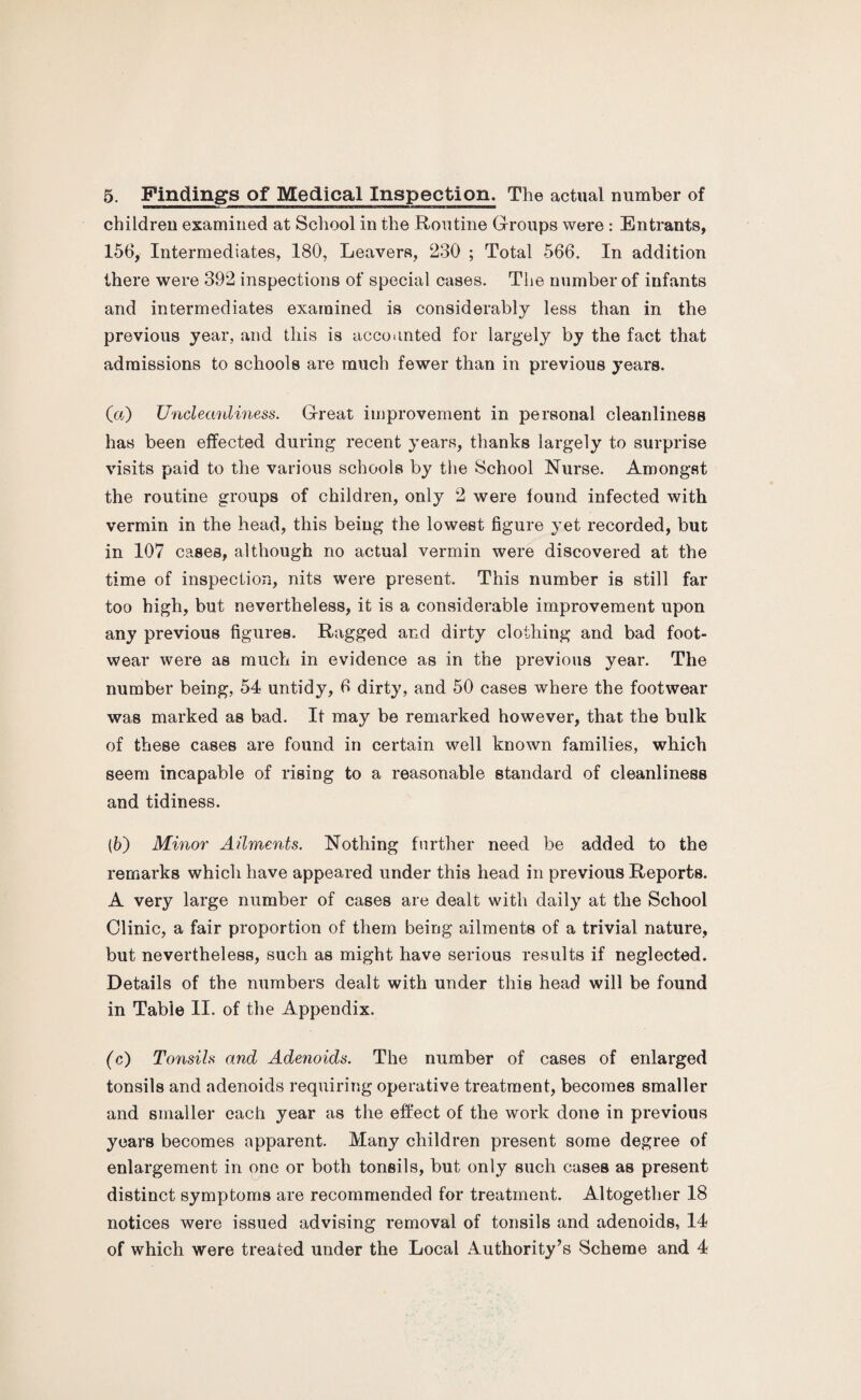 5. Findings of Medical Inspection. The actual number of children examined at School in the Routine Groups were : Entrants, 156, Intermediates, 180, Leavers, 230 ; Total 566. In addition there were 392 inspections of special cases. The number of infants and intermediates examined is considerably less than in the previous year, and this is accounted for largely by the fact that admissions to schools are much fewer than in previous years. (а) Uncleanliness. Great improvement in personal cleanliness has been effected during recent years, thanks largely to surprise visits paid to the various schools by the School Nurse. Amongst the routine groups of children, only 2 were found infected with vermin in the head, this being the lowest figure yet recorded, but in 107 cases, although no actual vermin were discovered at the time of inspection, nits were present. This number is still far too high, but nevertheless, it is a considerable improvement upon any previous figures. Ragged and dirty clothing and bad foot¬ wear were as much in evidence as in the previous year. The number being, 54 untidy, 6 dirty, and 50 cases where the footwear was marked as bad. It may be remarked however, that the bulk of these cases are found in certain well known families, which seem incapable of rising to a reasonable standard of cleanliness and tidiness. (б) Minor Ailments. Nothing further need be added to the remarks which have appeared under this head in previous Reports. A very large number of cases are dealt with daily at the School Clinic, a fair proportion of them being ailments of a trivial nature, but nevertheless, such as might have serious results if neglected. Details of the numbers dealt with under this head will be found in Table II. of the Appendix. (c) Tonsils and Adenoids. The number of cases of enlarged tonsils and adenoids requiring operative treatment, becomes smaller and smaller each year as the effect of the work done in previous years becomes apparent. Many children present some degree of enlargement in one or both tonsils, but only such cases as present distinct symptoms are recommended for treatment. Altogether 18 notices were issued advising removal of tonsils and adenoids, 14