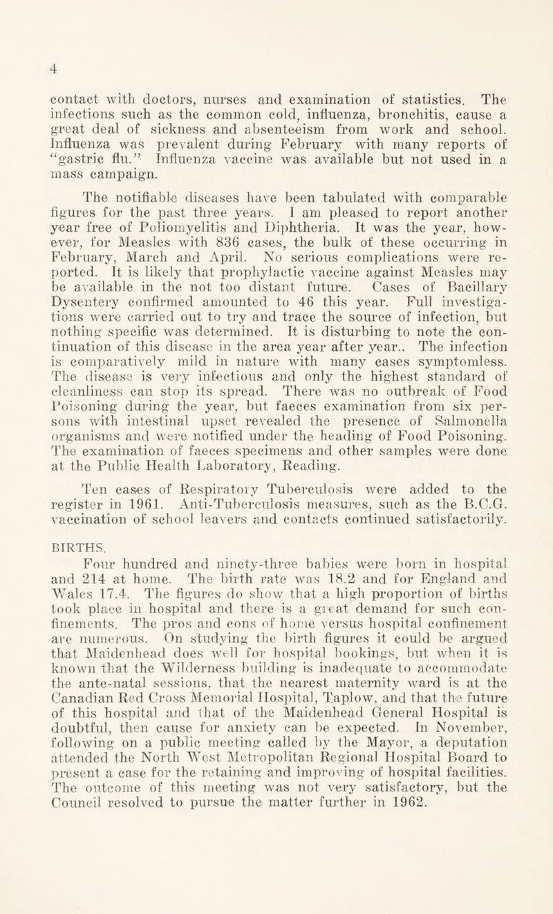 contact with doctors, nurses and examination of statistics. The infections such as the common cold, influenza, bronchitis, cause a great deal of sickness and absenteeism from work and school. Influenza was prevalent during February with many reports of “gastric flu.” Influenza vaccine was available but not used in a mass campaign. The notifiable diseases have been tabulated with comparable figures for the past three years. I am pleased to report another year free of Poliomyelitis and Diphtheria. It was the year, how¬ ever, for Measles with 836 cases, the bulk of these occurring in February, March and April. No serious complications were re¬ ported. It is likely that prophylactic vaccine against Measles may be available in the not too distant future. Cases of Bacillary Dysentery confirmed amounted to 46 this year. Full investiga¬ tions were carried out to try and trace the source of infection, but nothing specific was determined. It is disturbing to note the con¬ tinuation of this disease in the area year after year.. The infection is comparatively mild in nature with many cases symptomless. The disease is very infectious and only the highest standard of cleanliness can stop its spread. There was no outbreak of Food Poisoning during the year, but faeces examination from six per¬ sons with intestinal upset revealed the presence of Salmonella organisms and were notified under the heading of Food Poisoning. The examination of faeces specimens and other samples were done at the Public Health Laboratory, Beading. Ten cases of Respiratory Tuberculosis were added to the register in 1961. Anti-Tuberculosis measures, such as the B.C.G. vaccination of school leavers and contacts continued satisfactorily. BIRTHS. Four hundred and ninety-three babies were born in hospital and 214 at home. The birth rate was 18.2 and for England and Wales 17.4. The figures do show that a high proportion of births took place in hospital and there is a great demand for such con¬ finements. The pros and cons of home versus hospital confinement are numerous. On studying the birth figures it could be argued that Maidenhead does well for hospital bookings, but when it is known that the Wilderness building is inadequate to accommodate the ante-natal sessions, that the nearest maternity ward is at the Canadian Red Cross Memorial Hospital, Taplow, and that the future of this hospital and that of the Maidenhead General Hospital is doubtful, then cause for anxiety can Ire expected. In November, following on a public meeting called by the Mayor, a deputation attended the North West Metropolitan Regional Hospital Board to present a case for the retaining and improving of hospital facilities. The outcome of this meeting was not very satisfactory, but the Council resolved to pursue the matter further in 1962.