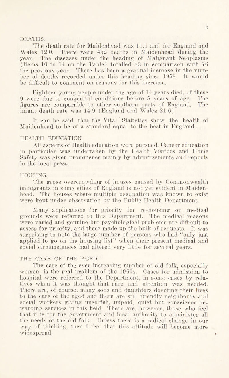 DEATHS. The death rate for Maidenhead was 11.1 and for England and Wales 12.0. There were 452 deaths in Maidenhead during the year. The diseases under the heading of Malignant Neoplasms (Items 10 to 14 on the Table) totalled 83 in comparison with 76 the previous year. There has been a gradual increase in the num¬ ber of deaths recorded under this heading since 1958. It would be difficult to comment on reasons for this increase. Eighteen young people under the age of 14 years died, of these 9 were due to congenital conditions before 5 years of age. The figures are comparable to other southern parts of England. The infant death rate was 14.9 (England and Wales 21.6). i It can be said that the Vital Statistics show the health of Maidenhead to be of a standard equal to the best in England. HEALTH EDUCATION. All aspects of Health education were pursued. Cancer education in particular was undertaken by the Health Visitors and Home Safety was given prominence mainly by advertisements and reports in the local press. HOUSING. The gross overcrowding of houses caused by Commonwealth immigrants in some cities of England is not yet evident in Maiden¬ head. The houses where multiple occupation was known to exist were kept under observation by the Public Health Department. Many applications for priority for re-housing on medical grounds were referred to this Department. The medical reasons were varied and genuine but psychological problems are difficult to assess for priority, and these made up the bulk of requests. It was surprising to note the large number of persons who had “only just applied to go on the housing list” when their present medical and social circumstances had altered very little for several years. THE CARE OF THE AGED. The care of the ever increasing number of old folk, especially women, is the real problem of the 1960s. Cases for admission to hospital were referred to the Department, in some cases by rela¬ tives when it was thought that care and attention was needed. There are, of course, many sons and daughters devoting their lives to the care of the aged and there are still friendly neighbours and social workers giving unselfish, unpaid, quiet but conscience re¬ warding services in this field. There are, however, those who feel that it is for the government and local authority to administer all the needs of the old folk. Unless there is a radical change in our way of thinking, then I feel that this attitude will become more widespread.