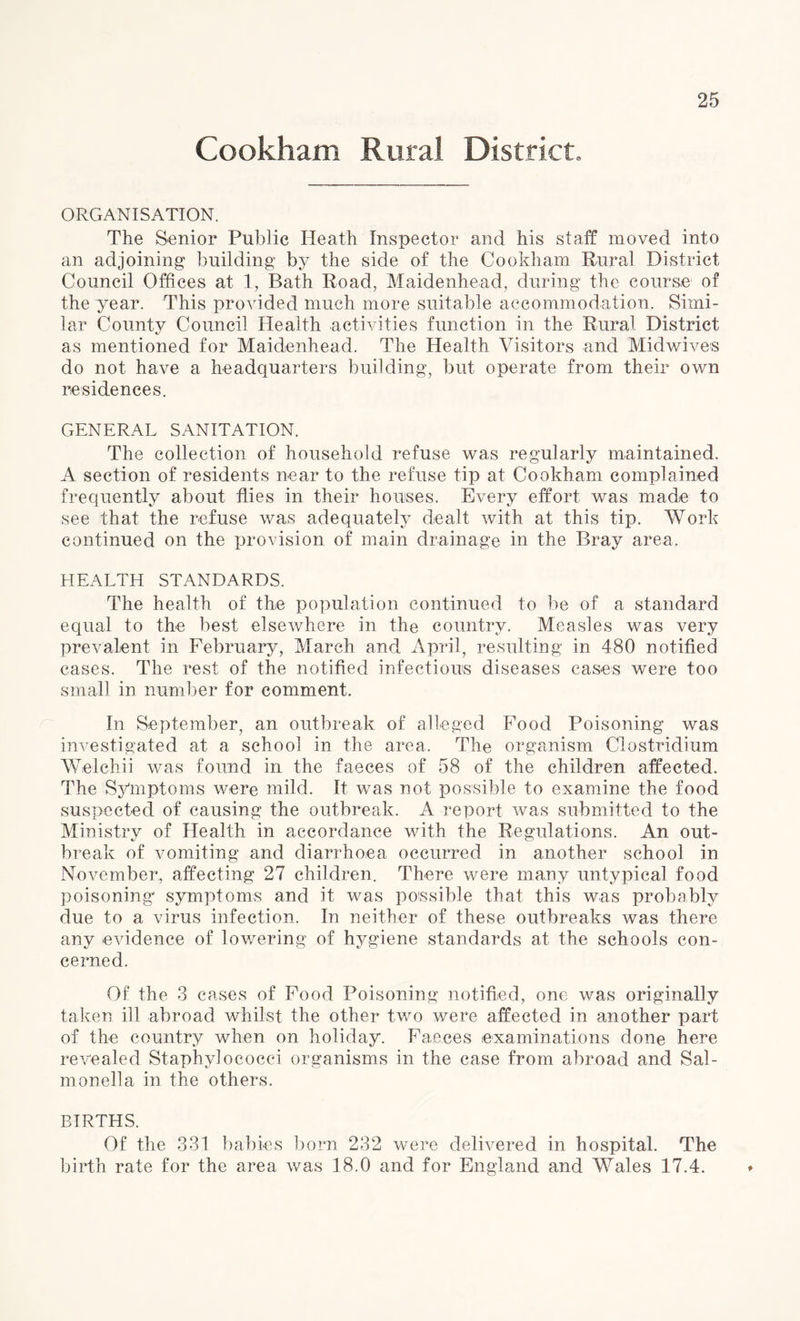 Cookham Rural District. ORGANISATION. The Senior Public Heath Inspector and his staff moved into an adjoining building by the side of the Cookham Rural District Council Offices at 1, Bath Road, Maidenhead, during the course of the year. This provided much more suitable accommodation. Simi¬ lar County Council Health activities function in the Rural District as mentioned for Maidenhead. The Health Visitors and Midwives do not have a headquarters building, but operate from their own residences. GENERAL SANITATION. The collection of household refuse was regularly maintained. A section of residents near to the refuse tip at Cookham complained frequently about flies in their houses. Every effort was made to see that the refuse was adequately dealt with at this tip. Work continued on the provision of main drainage in the Bray area. HEALTH STANDARDS. The health of the population continued to be of a standard equal to the best elsewhere in the country. Measles was very prevalent in February, March and April, resulting in 480 notified cases. The rest of the notified infectious diseases cases were too small in number for comment. In September, an outbreak of alleged Food Poisoning was investigated at a school in the area. The organism Clostridium Welchii was found in the faeces of 58 of the children affected. The Symptoms were mild. It was not possible to examine the food suspected of causing the outbreak. A report was submitted to the Ministry of Health in accordance with the Regulations. An out¬ break of vomiting and diarrhoea occurred in another school in November, affecting 27 children. There were many untypical food poisoning' symptoms and it was possible that this was probably due to a virus infection. In neither of these outbreaks was there any evidence of lowering of hygiene standards at the schools con¬ cerned. Of the 3 cases of Food Poisoning notified, one was originally taken ill abroad whilst the other two were affected in another part of the country when on holiday. Faeces examinations done here revealed Staphylococci organisms in the case from abroad and Sal¬ monella in the others. BIRTHS. Of the 331 babies born 232 were delivered in hospital. The birth rate for the area was 18.0 and for England and Wales 17.4.