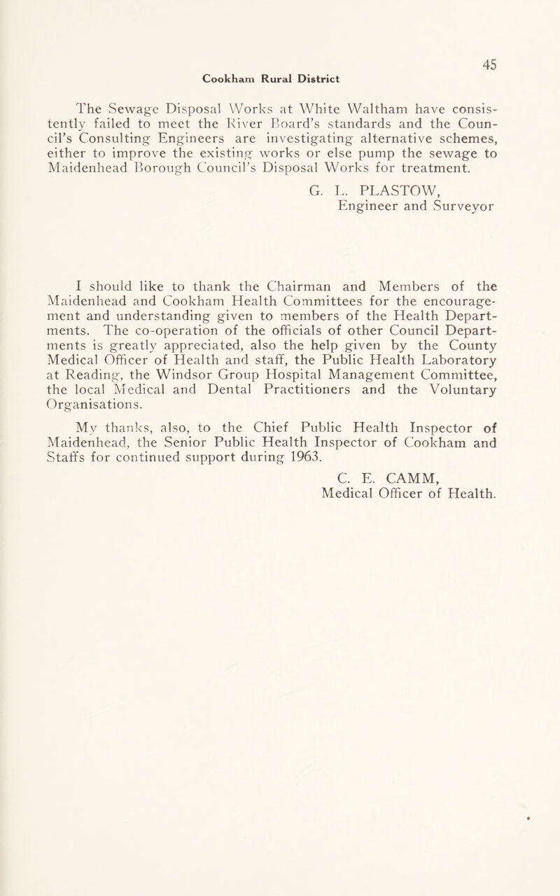 The Sewage Disposal Works at White Waltham have consis¬ tently failed to meet the River Board’s standards and the Coun¬ cil’s Consulting Engineers are investigating alternative schemes, either to improve the existing works or else pump the sewage to Maidenhead Borough Council’s Disposal Works for treatment. G. L. PLASTOW, Engineer and .Surveyor I should like to thank the Chairman and Members of the Maidenhead and Cookham Health Committees for the encourage¬ ment and understanding given to members of the Health Depart¬ ments. The co-operation of the officials of other Council Depart¬ ments is greatly appreciated, also the help given by the County Medical Officer of Health and staff, the Public Health Laboratory at Reading, the Windsor Group Hospital Management Committee, the local Medical and Dental Practitioners and the Voluntary Organisations. My thanks, also, to the Chief Public Health Inspector of Maidenhead, the Senior Public Health Inspector of Cookham and Staffs for continued support during 1963. C. E. CAMM, Medical Officer of Health.