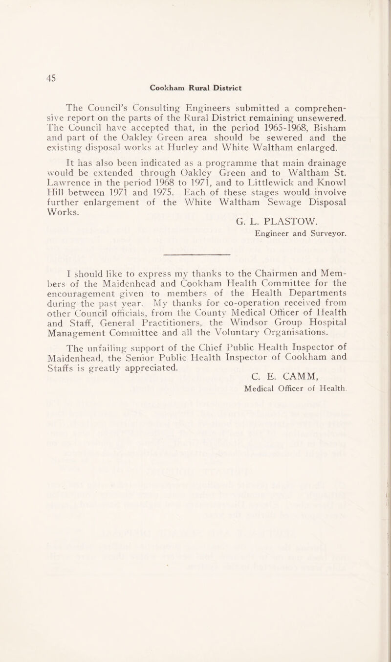 Cookham Rural District The Council’s Consulting Engineers submitted a comprehen¬ sive report on the parts of the Rural District remaining unsewered. The Council have accepted that, in the period 1965-1968, Bisham and part of the Oakley Green area should be sewered and the existing disposal works at Hurley and White Waltham enlarged. It has also been indicated as a programme that main drainage would be extended through Oakley Green and to Waltham St. Lawrence in the period 1968 to 1971, and to Littlewick and Knowl Hill between 1971 and 1975. Each of these stages would involve further enlargement of the White Waltham Sewage Disposal Works. G. L. PLASTOW. Engineer and Surveyor. I should like to express my thanks to the Chairmen and Mem¬ bers of the Maidenhead and Cookham Health Committee for the encouragement given to members of the Health Departments during the past year. My thanks for co-operation received from other Council officials, from the County Medical Officer of Health and Staff, General Practitioners, the Windsor Group Hospital Management Committee and all the Voluntary Organisations. The unfailing support of the Chief Public Health Inspector of Maidenhead, the Senior Public Health Inspector of Cookham and Staffs is greatly appreciated. C. E. CAMM, Medical Officer of Health