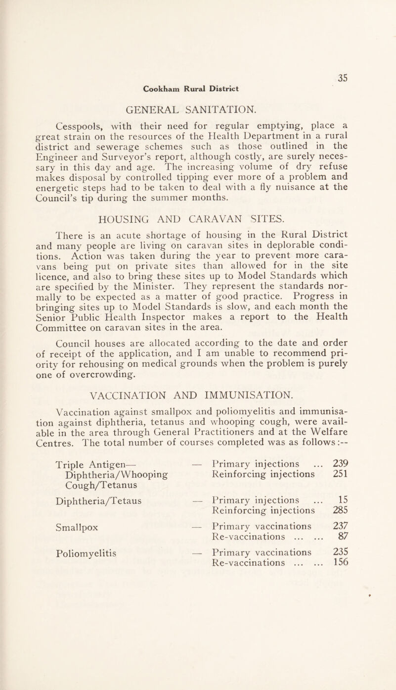 GENERAL SANITATION. Cesspools, with their need for regular emptying, place a great strain on the resources of the Health Department in a rural district and sewerage schemes such as those outlined in the Engineer and Surveyor’s report, although costly, are surely neces¬ sary in this day and age. The increasing volume of dry refuse makes disposal by controlled tipping ever more of a problem and energetic steps had to be taken to deal with a fly nuisance at the Council’s tip during the summer months. HOUSING AND CARAVAN SITES. There is an acute shortage of housing in the Rural District and many people are living on caravan sites in deplorable condi¬ tions. Action was taken during the year to prevent more cara¬ vans being put on private sites than allowed for in the site licence, and also to bring these sites up to Model Standards which are specified by the Minister. They represent the standards nor¬ mally to be expected as a matter of good practice. Progress in bringing sites up to Model Standards is slow, and each month the Senior Public Health Inspector makes a report to the Health Committee on caravan sites in the area. Council houses are allocated according to the date and order of receipt of the application, and I am unable to recommend pri¬ ority for rehousing on medical grounds when the problem is purely one of overcrowding. VACCINATION AND IMMUNISATION. Vaccination against smallpox and poliomyelitis and immunisa¬ tion against diphtheria, tetanus and whooping cough, were avail¬ able in the area through General Practitioners and at the Welfare Centres. The total number of courses completed was as follows Triple Antigen— Diphtheria/Whooping Cough/Tetanus Diphtheria/Tetaus Smallpox Poliomyelitis — Primary injections ... 239 Reinforcing injections 251 — Primary injections ... 15 Reinforcing injections 285 — Primary vaccinations 237 Re-vaccinations . 87 — Primary vaccinations 235 Re-vaccinations . 156