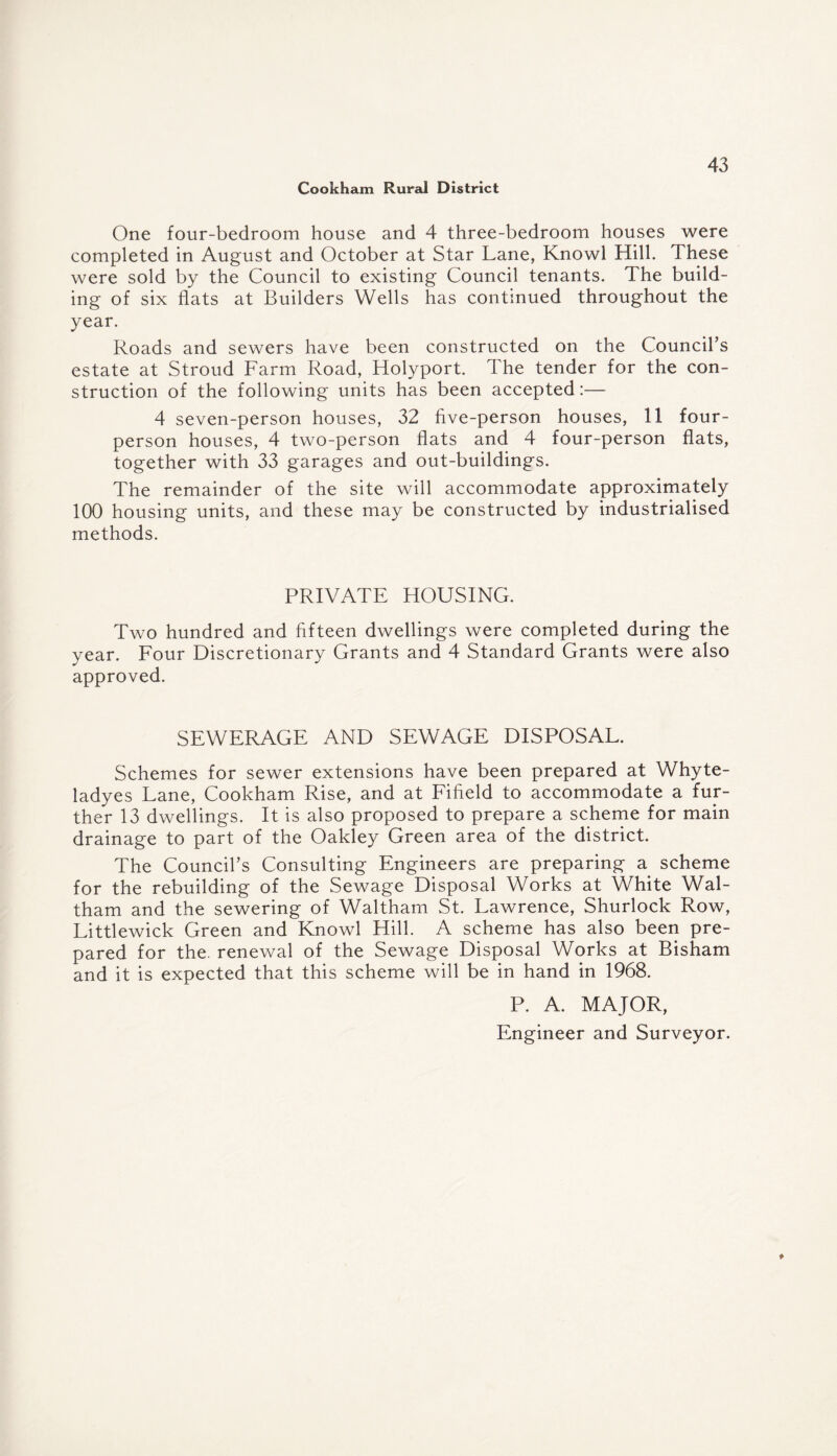 One four-bedroom house and 4 three-bedroom houses were completed in August and October at Star Lane, Knowl Hill. These were sold by the Council to existing Council tenants. The build¬ ing of six flats at Builders Wells has continued throughout the year. Roads and sewers have been constructed on the Council’s estate at Stroud Farm Road, Holyport. The tender for the con¬ struction of the following units has been accepted:— 4 seven-person houses, 32 five-person houses, 11 four- person houses, 4 two-person flats and 4 four-person flats, together with 33 garages and out-buildings. The remainder of the site will accommodate approximately 100 housing units, and these may be constructed by industrialised methods. PRIVATE HOUSING. Two hundred and fifteen dwellings were completed during the year. Four Discretionary Grants and 4 Standard Grants were also approved. SEWERAGE AND SEWAGE DISPOSAL. Schemes for sewer extensions have been prepared at Whyte- ladyes Lane, Cookham Rise, and at Fifield to accommodate a fur¬ ther 13 dwellings. It is also proposed to prepare a scheme for main drainage to part of the Oakley Green area of the district. The Council’s Consulting Engineers are preparing a scheme for the rebuilding of the Sewage Disposal Works at White Wal¬ tham and the sewering of Waltham St. Lawrence, Shurlock Row, Littlewick Green and Knowl Hill. A scheme has also been pre¬ pared for the. renewal of the Sewage Disposal Works at Bisham and it is expected that this scheme will be in hand in 1968. P. A. MAJOR, Engineer and Surveyor.