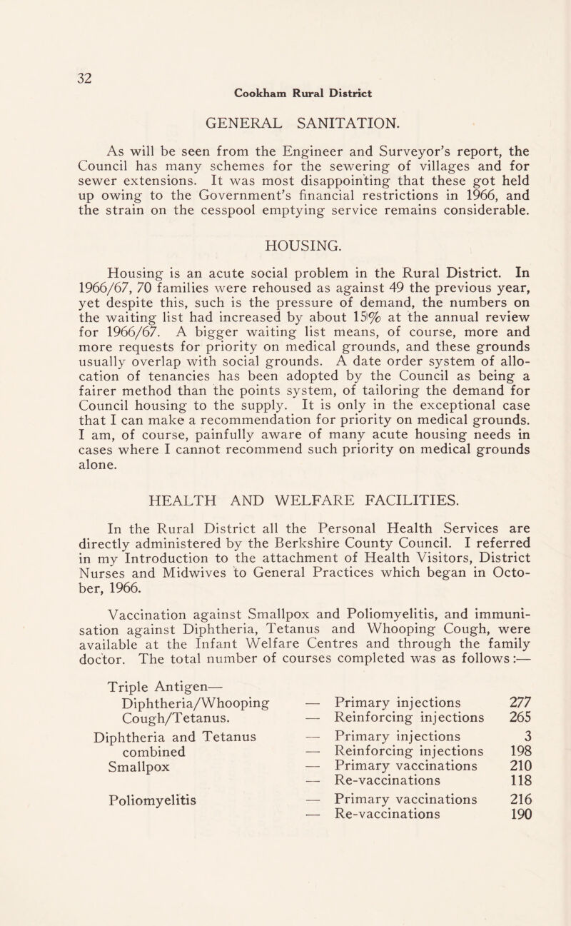 Cookham Rural District GENERAL SANITATION. As will be seen from the Engineer and Surveyor’s report, the Council has many schemes for the sewering of villages and for sewer extensions. It was most disappointing that these got held up owing to the Government’s financial restrictions in 1966, and the strain on the cesspool emptying service remains considerable. HOUSING. Housing is an acute social problem in the Rural District. In 1966/67, 70 families were rehoused as against 49 the previous year, yet despite this, such is the pressure of demand, the numbers on the waiting list had increased by about 15% at the annual review for 1966/67. A bigger waiting list means, of course, more and more requests for priority on medical grounds, and these grounds usually overlap with social grounds. A date order system of allo¬ cation of tenancies has been adopted by the Council as being a fairer method than the points system, of tailoring the demand for Council housing to the supply. It is only in the exceptional case that I can make a recommendation for priority on medical grounds. I am, of course, painfully aware of many acute housing needs in cases where I cannot recommend such priority on medical grounds alone. HEALTH AND WELFARE FACILITIES. In the Rural District all the Personal Health Services are directly administered by the Berkshire County Council. I referred in my Introduction to the attachment of Health Visitors, District Nurses and Midwives to General Practices which began in Octo¬ ber, 1966. Vaccination against Smallpox and Poliomyelitis, and immuni¬ sation against Diphtheria, Tetanus and Whooping Cough, were available at the Infant Welfare Centres and through the family doctor. The total number of courses completed was as follows:— Triple Antigen— Diphtheria/Whooping — Primary injections 277 Cough/Tetanus. — Reinforcing injections 265 Diphtheria and Tetanus — Primary injections 3 combined — Reinforcing injections 198 Smallpox — Primary vaccinations 210 — Re-vaccinations 118 Poliomyelitis — Primary vaccinations 216 — Re-vaccinations 190
