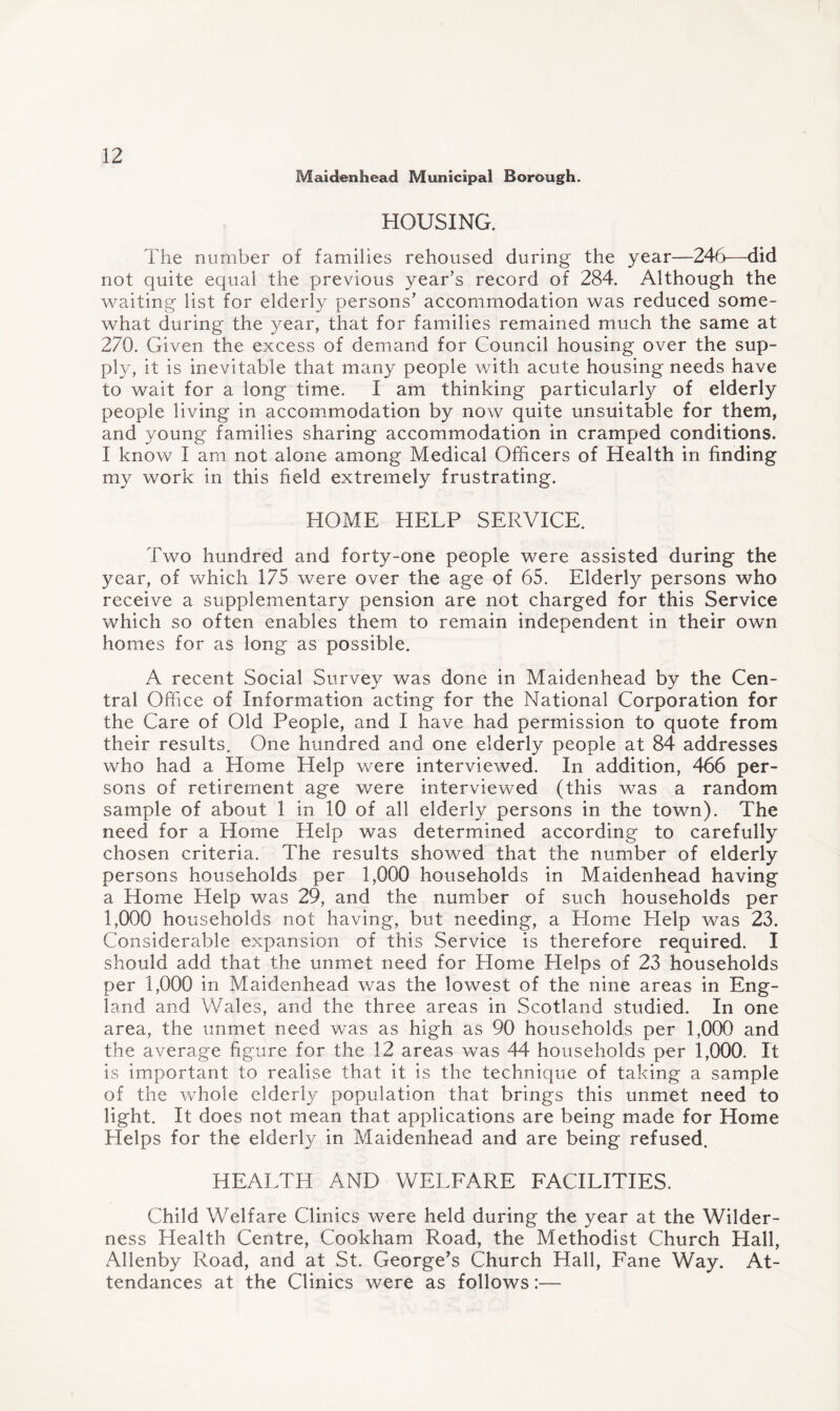 Maidenhead Municipal Borough. HOUSING. The number of families rehoused during the year—246—did not quite equal the previous year’s record of 284. Although the waiting list for elderly persons’ accommodation was reduced some¬ what during the year, that for families remained much the same at 270. Given the excess of demand for Council housing over the sup¬ ply, it is inevitable that many people with acute housing needs have to wait for a long time. I am thinking particularly of elderly people living in accommodation by now quite unsuitable for them, and young families sharing accommodation in cramped conditions. I know I am not alone among Medical Officers of Health in finding my work in this field extremely frustrating. HOME HELP SERVICE. Two hundred and forty-one people were assisted during the year, of which 175 were over the age of 65. Elderly persons who receive a supplementary pension are not charged for this Service which so often enables them to remain independent in their own homes for as long as possible. A recent Social Survey was done in Maidenhead by the Cen¬ tral Office of Information acting for the National Corporation for the Care of Old People, and I have had permission to quote from their results. One hundred and one elderly people at 84 addresses who had a Home Help were interviewed. In addition, 466 per¬ sons of retirement age were interviewed (this was a random sample of about 1 in 10 of all elderly persons in the town). The need for a Home Help was determined according to carefully chosen criteria. The results showed that the number of elderly persons households per 1,000 households in Maidenhead having a Home Help was 29, and the number of such households per 1,000 households not having, but needing, a Home Help was 23. Considerable expansion of this Service is therefore required. I should add that the unmet need for Home Helps of 23 households per 1,000 in Maidenhead was the lowest of the nine areas in Eng¬ land and Wales, and the three areas in Scotland studied. In one area, the unmet need was as high as 90 households per 1,000 and the average figure for the 12 areas was 44 households per 1,000. It is important to realise that it is the technique of taking a sample of the whole elderly population that brings this unmet need to light. It does not mean that applications are being made for Home Helps for the elderly in Maidenhead and are being refused. HEALTH AND WELFARE FACILITIES. Child Welfare Clinics were held during the year at the Wilder¬ ness Health Centre, Cookham Road, the Methodist Church Hall, Allenby Road, and at St. George’s Church Hall, Fane Way. At¬ tendances at the Clinics were as follows:—