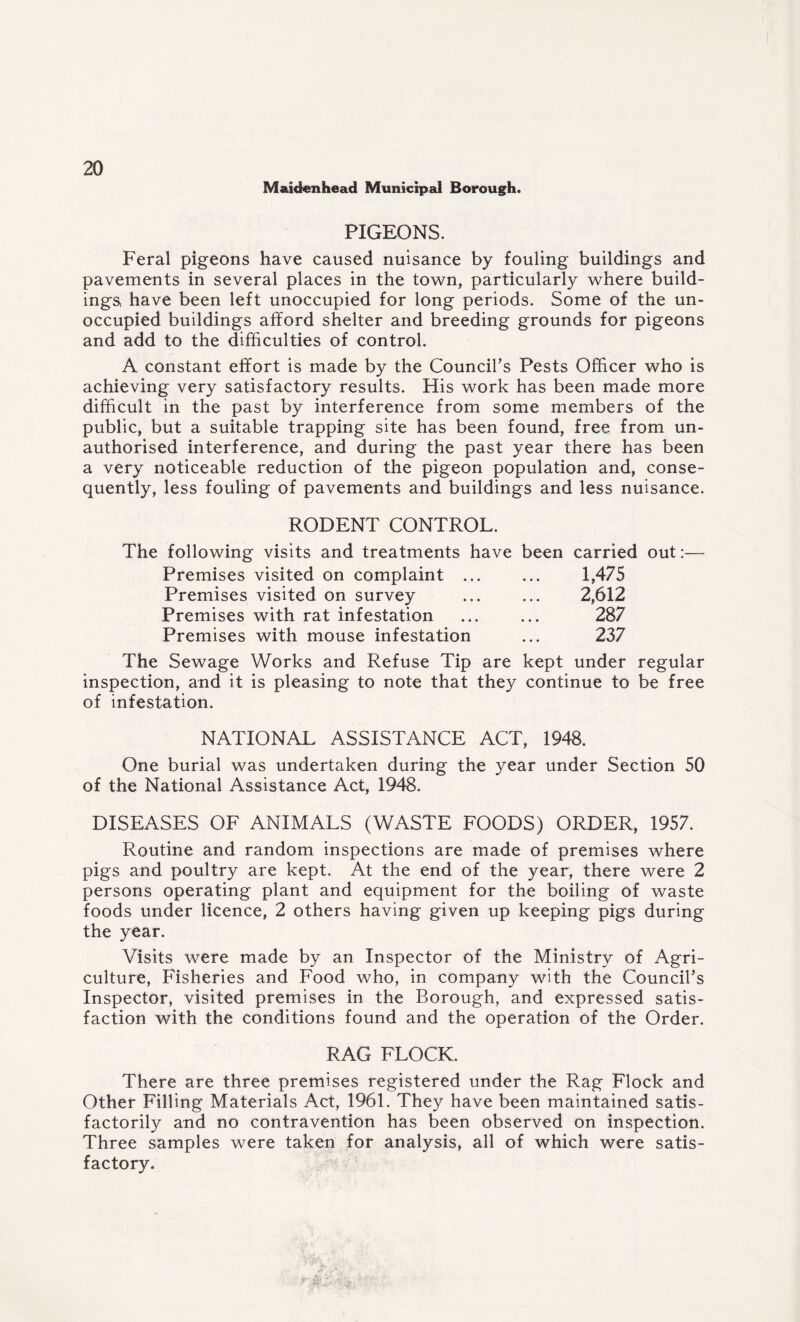 Maidenhead Municipal Borough. PIGEONS. Feral pigeons have caused nuisance by fouling buildings and pavements in several places in the town, particularly where build¬ ings have been left unoccupied for long periods. Some of the un¬ occupied buildings afford shelter and breeding grounds for pigeons and add to the difficulties of control. A constant effort is made by the Council’s Pests Officer who is achieving very satisfactory results. His work has been made more difficult in the past by interference from some members of the public, but a suitable trapping site has been found, free from un¬ authorised interference, and during the past year there has been a very noticeable reduction of the pigeon population and, conse¬ quently, less fouling of pavements and buildings and less nuisance. RODENT CONTROL. The following visits and treatments have been Premises visited on complaint ... Premises visited on survey Premises with rat infestation Premises with mouse infestation carried out:— 1,475 2,612 287 237 The Sewage Works and Refuse Tip are kept under regular inspection, and it is pleasing to note that they continue to be free of infestation. NATIONAL ASSISTANCE ACT, 1948. One burial was undertaken during the year under Section 50 of the National Assistance Act, 1948. DISEASES OF ANIMALS (WASTE FOODS) ORDER, 1957. Routine and random inspections are made of premises where pigs and poultry are kept. At the end of the year, there were 2 persons operating plant and equipment for the boiling of waste foods under licence, 2 others having given up keeping pigs during the year. Visits were made by an Inspector of the Ministry of Agri¬ culture, Fisheries and Food who, in company with the Council’s Inspector, visited premises in the Borough, and expressed satis¬ faction with the conditions found and the operation of the Order. RAG FLOCK. There are three premises registered under the Rag Flock and Other Filling Materials Act, 1961. They have been maintained satis¬ factorily and no contravention has been observed on inspection. Three samples were taken for analysis, all of which were satis¬ factory.
