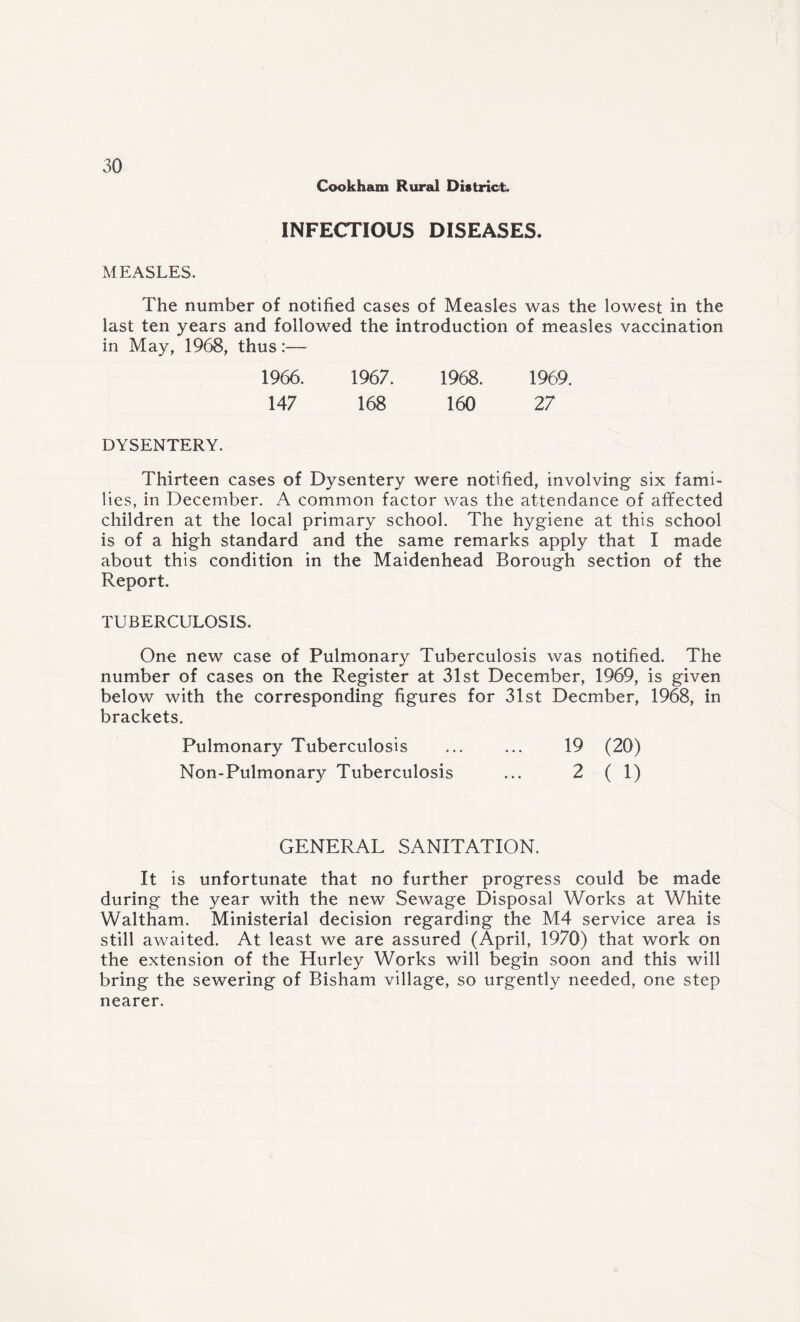 Cookham Rural District. INFECTIOUS DISEASES. MEASLES. The number of notified cases of Measles was the lowest in the last ten years and followed the introduction of measles vaccination in May, 1968, thus:— 1966. 1967. 1968. 1969. 147 168 160 27 DYSENTERY. Thirteen cases of Dysentery were notified, involving six fami¬ lies, in December. A common factor was the attendance of affected children at the local primary school. The hygiene at this school is of a high standard and the same remarks apply that I made about this condition in the Maidenhead Borough section of the Report. TUBERCULOSIS. One new case of Pulmonary Tuberculosis was notified. The number of cases on the Register at 31st December, 1969, is given below with the corresponding figures for 31st Decmber, 1968, in brackets. Pulmonary Tuberculosis ... ... 19 (20) Non-Pulmonary Tuberculosis ... 2 (1) GENERAL SANITATION. It is unfortunate that no further progress could be made during the year with the new Sewage Disposal Works at White Waltham. Ministerial decision regarding the M4 service area is still awaited. At least we are assured (April, 1970) that work on the extension of the Hurley Works will begin soon and this will bring the sewering of Bisham village, so urgently needed, one step nearer.