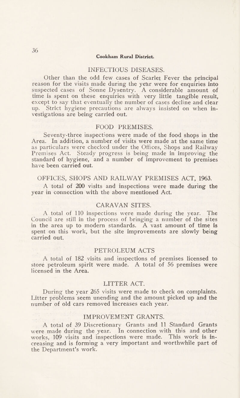 Cookham Rural District!. INFECTIOUS DISEASES. Other than the odd few cases of Scarlet Fever the principal reason for the visits made during the year were for enquiries into suspected cases of Sonne Dysentry. A considerable amount of time is spent on these enquiries with very little tangible result, except to say that eventually the number of cases decline and clear up. Strict hygiene precautions are always insisted on when in¬ vestigations are being carried out. FOOD PREMISES. Seventy-three inspections were made of the food shops in the Area. In addition, a number of visits were made at the same time as particulars were checked under the Offices, Shops and Railway Premises Act. Steady progress is being made in improving the standard of hygiene, and a number of improvement to premises have been carried out. OFFICES, SHOPS AND RAILWAY PREMISES ACT, 1963. A total of 200 visits and inspections were made during the year in connection with the above mentioned Act. CARAVAN SITES. A total of 110 inspections were made during the year. The Council are still in the process of bringing a number of the sites in the area up to modern standards. A vast amount of time is spent on this work, but the site improvements are slowly being carried out. PETROLEUM ACTS A total of 182 visits and inspections of premises licensed to store petroleum spirit were made. A total of 56 premises were licensed in the Area. LITTER ACT. During the year 265 visits were made to check on complaints. Litter problems seem unending and the amount picked up and the number of old cars removed increases each year. IMPROVEMENT GRANTS. A total of 39 Discretionary Grants and 11 Standard Grants were made during the year. In connection with this and other works, 109 visits and inspections were made. This work is in¬ creasing and is forming a very important and worthwhile part of the Department’s work.