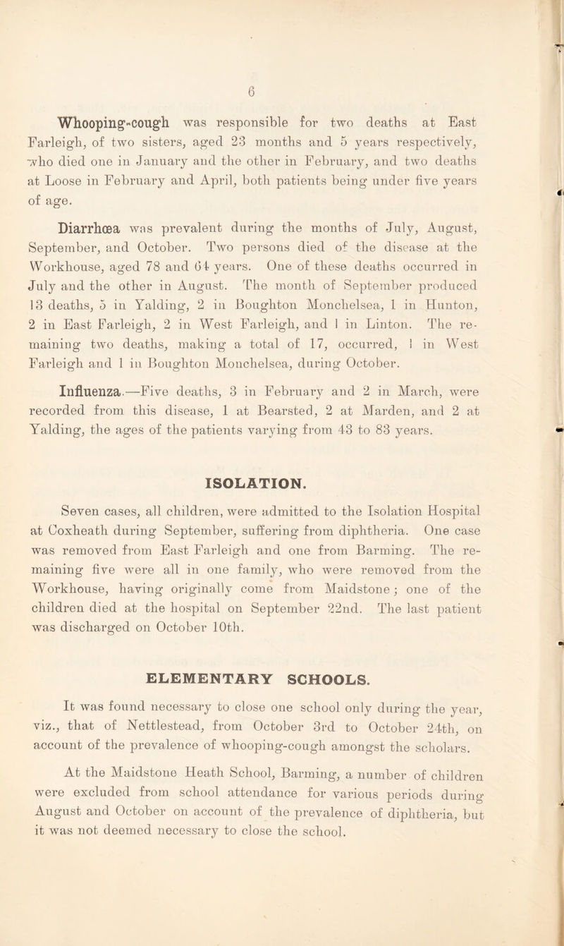 Whooping-cough was responsible for two deaths at East Farleigh, of two sisters, aged 23 months and 5 years respectively, who died one in January and the other in February, and two deaths at Loose in February and April, both patients being under five years of age. Diarrhoea was prevalent during the months of July, August, September, and October. Two persons died of the disease at the Workhouse, aged 78 and 64 years. One of these deaths occurred in July and the other in August. The month of September produced 13 deaths, 5 in Yalding, 2 in Boughton Monchelsea, 1 in Hunton, 2 in East Farleigh, 2 in West Farleigh, and 1 in Linton. The re¬ maining two deaths, making a total of 17, occurred, I in West Farleigh and 1 in Boughton Monchelsea, during October. Influenza.—Five deaths, 3 in February and 2 in March, were recorded from this disease, 1 at Bearsted, 2 at Marden, and 2 at Yalding, the ages of the patients varying from 43 to 83 years. ISOLATION. Seven cases, all children, were admitted to the Isolation Hospital at Ooxheath during September, suffering from diphtheria. One case was removed from East Farleigh and one from Banning. The re¬ maining five were all in one family, who were removed from the Workhouse, having originally come from Maidstone; one of the children died at the hospital on September 22nd. The last patient was discharged on October 10th. ELEMENTARY SCHOOLS. It was found necessary to close one school only during the year, viz., that of Nettlestead, from October 3rd to October 24th, on account of the prevalence of whooping-cough amongst the scholars. At the Maidstone Heath School, Barming, a number of children were excluded from school attendance for various periods during August and October on account of the prevalence of diphtheria, but it was not deemed necessary to close the school.