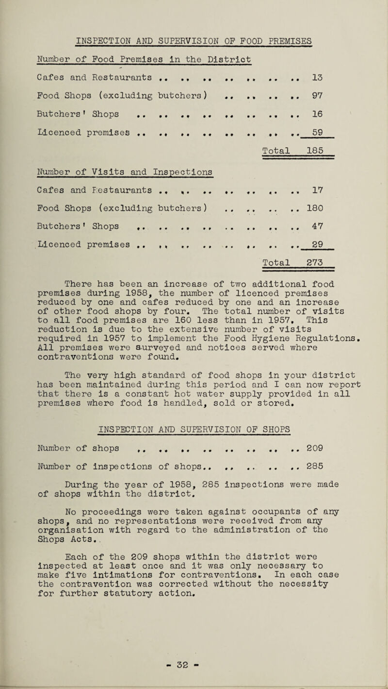 INSPECTION AND SUPERVISION OF FOOD PREMISES Number of Food Premises In the District Cafes and Restaurants ,. .,.. .. .. 13 Food Shops (excluding butchers) ., ., . . .. 97 Butchers' Shops .. ,, ., ,, . 16 Licenced premises ,. ., ,. ., .. ., ,, .. 59 Total 185 Number of Visits and Inspections Cafes and P.'.estaurants. «. ,. ,. .. 17 Food Shops (excluding butchers) . , ,.180 Butchers' Shops ,.., . . .. ,. .. 47 Licenced premises ,. ,„ ,, .. .. .. ., 29 Total 273 There has been an increase of two additional food premises during 1958, the number of licenced premises reduced by one and cafes reduced by one and an increase of other food shops by four. The total number of visits to all food premises are 160 less than in 1957, This reduction is due to the extensive number of visits required in 1957 to implement the Food Hygiene Regulations. All premises were aurveyed and notices served where contraventions were found. The very high standard of food shops in your district has been maintained during this period and I can now report that there is a constant hot water supply provided in all premises where food is handled, sold or stored. INSPECTION AND SUPERVISION OF SHOPS Number of shops .. .209 Number of inspections of shops.. ,, .. ,. .. 285 During the year of 1958, 285 inspections were made of shops within the district. No proceedings were taken against occupants of any shops, and no representations were received from any organisation with regard to the administration of the Shops Acts.. Each of the 209 shops within the district were inspected at least once and it was only necessary to make five intimations for contraventions. In each case the contravention was corrected without the necessity for further statutory action. 32
