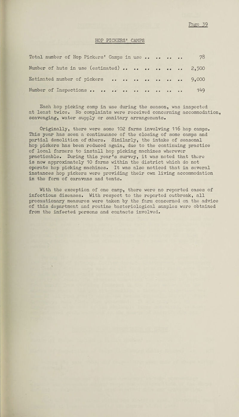HOP PICKERS' CAMPS Total number of Hop Pickers' Camps in use. 78 Number of huts in use (estimated).. .. 2,500 Estimated number of pickers . .. .. .. 9*000 Number of Inspections .. .. .. .. .. .. .. 149 Each hop picking camp in use during the season, was inspected at least twice. No complaints were received concerning accommodation, scavenging, water supply or sanitary arrangements. Originally, there were some 102 farms involving 1l6 hop camps. This year has seen a continuance of the closing of some camps and partial demolition of others. Similarly, the intake of seasonal hop pickers has been reduced again, due to the continuing practice of local farmers to install hop picking machines wherever practicable. During this year's survey, it was noted that there is now approximately 10 farms within the district which do not operate hop picking machines. It was also noticed that in several instances hop pickers were providing their own living accommodation in the form of caravans and tents. With the exception of one camp, there were no reported cases of infectious diseases. With respect to the reported outbreak, all precautionary measures were taken by the farm concerned on the advice of this department and routine bacteriological samples were obtained from the infected persons and contacts involved.