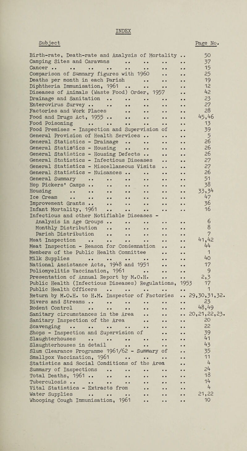 INDEX Subject Page No. Birth-rate, Death-rate and Analysis of Mortality 0 0 50 Camping Sites and Caravans • • • • 0 0 37 Cancer .. .. .. .. 15 Comparison of Summary figures with i960 • • 0 0 25 Deaths per month in each Parish • • • • 0 0 19 Diphtheria Immunisation, 1961 • • • • 0 0 12 Diseases of Animals (Waste Food) Order, 1957 0 0 42 Drainage and Sanitation .. • • • • 0 0 23 Enterovirus Survey .. .. .. • • • • 0 0 27 Factories and Work Places • • • • 0 0 28 Food and Drugs Act, 1955 • • • • • • 0 0 45,46 Food Poisoning 13 Food Premises - Inspection and Supervision of 0 0 39 General Provision of Health Services • • • • 0 0 5 General Statistics - Drainage • • • • 0 0 26 General Statistics - Housing • • • • 0 0 26 General Statistics - Housing Defects • • • • 0 0 26 General Statistics - Infectious Diseases • 0 0 0 27 General Statistics - Miscellaneous Visits 0 0 0 0 27 General Statistics - Nuisances .. • • 0 0 0 0 26 General Summary .. .. .. • • 0 • 0 0 51 Hop Pickers * Camps .. • • • • 0 0 38 Housing .. .. .. • • • • 0 0 33,34 Ice Cream • • • • 0 0 4 7 Improvement Grants .. • • • • 0 0 36 Infant Mortality, 1961 • • 0 0 0 0 16 Infectious and other Notifiable Diseases - Analysis in Age Groups .. • • 0 0 0 0 6 Monthly Distribution .. .. • • 0 0 0 0 8 Parish Distribution .. ♦ • 0 0 0 0 7 Meat Inspection Meat Inspection - Reason for Condemnation Members of the Public Health Comnittee Milk Supplies .. National Assistance Acts, 1948 and 1951 Poliomyelitis Vaccination, 1961 Presentation of Annual Report by M.O.H. Public Health (Infectious Diseases) Regulations, Public Health Officers Return by M.O.H. to H.M. Inspector of Factories Rivers and Streams .. Rodent Control .. .. .. Sanitary circumstances in the Area Sanitary Inspection of the Area Scavenging Shops - Inspection and Supervision of Slaughterhouses .. .. Slaughterhouses in detail Slum Clearance Programme 1961/62 - Summary of Smallpox Vaccination, 1961 Statistics and Social Conditions of the Area Summary of Inspections Total Deaths, 1961 .. .. .. Tuberculosis .. .. .. Vital Statistics - Extracts from Water Supplies Whooping Cough Immunisation, 1961 1953 41,42 44 1 40 17 9 2,3 17 1 29,30,31,32. 23 48,49 20,21,22,23. 20 22 39 41 43 35 11 4 24 18 14 4 21,22 10