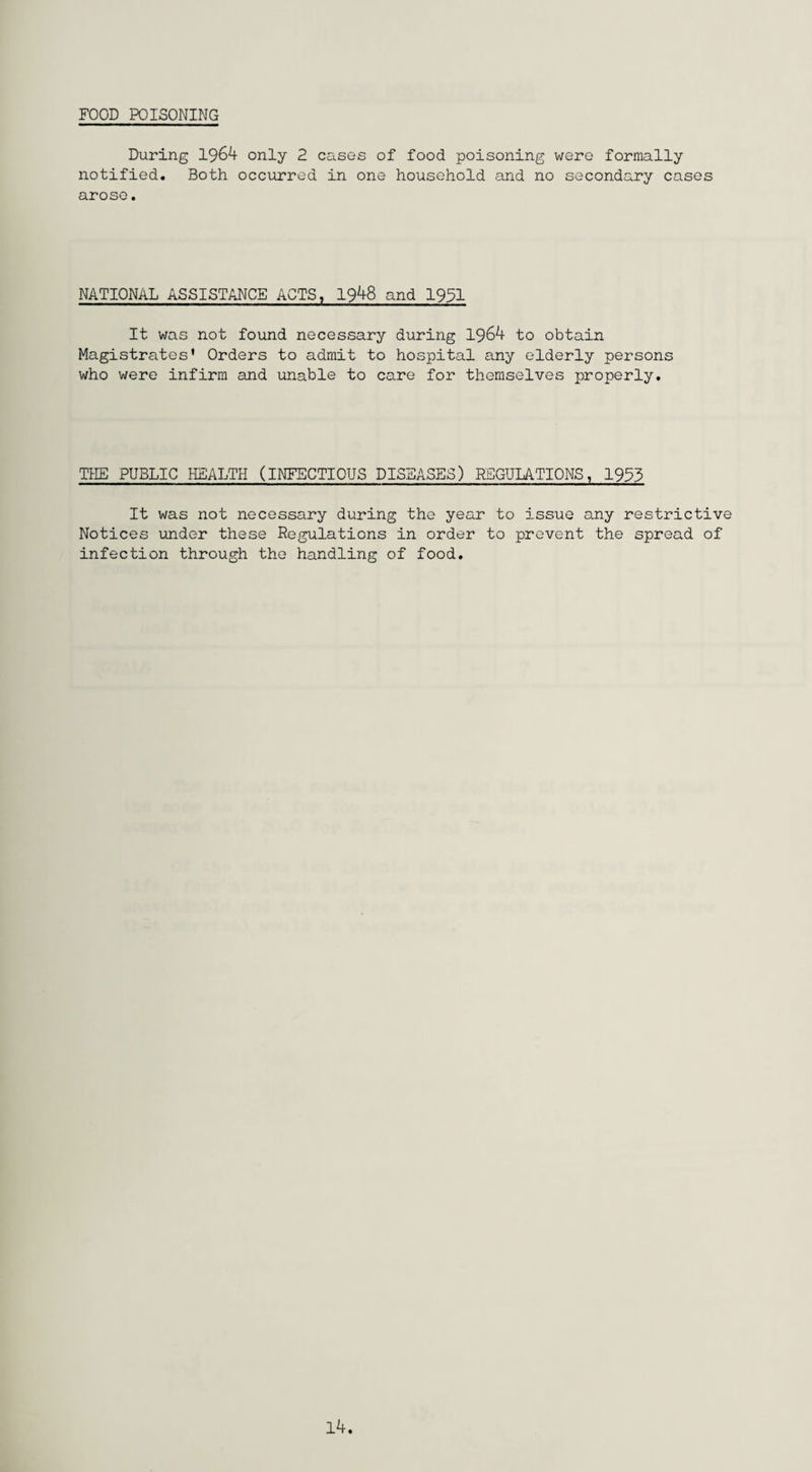 FOOD POISONING During 1964 only 2 cases of food poisoning were formally notified. Both occurred in one household and no secondary cases arose. NATIONAL ASSISTANCE ACTS, 1948 and 1991 It was not found necessary during 1964 to obtain Magistrates' Orders to admit to hospital any elderly persons who were infirm and unable to care for themselves properly. THE PUBLIC HEALTH (INFECTIOUS DISEASES) REGULATIONS, 1953 It was not necessary during the year to issue any restrictive Notices under these Regulations in order to prevent the spread of infection through the handling of food. 14.