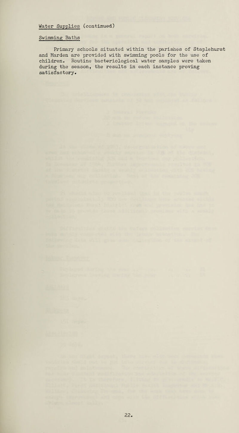 Swimming Baths Primary schools situated within the parishes of Staplehurst and Marden are provided with swimming pools for the use of children. Routine bacteriological water samples were taken during the season, the results in each instance proving satisfactory. 22