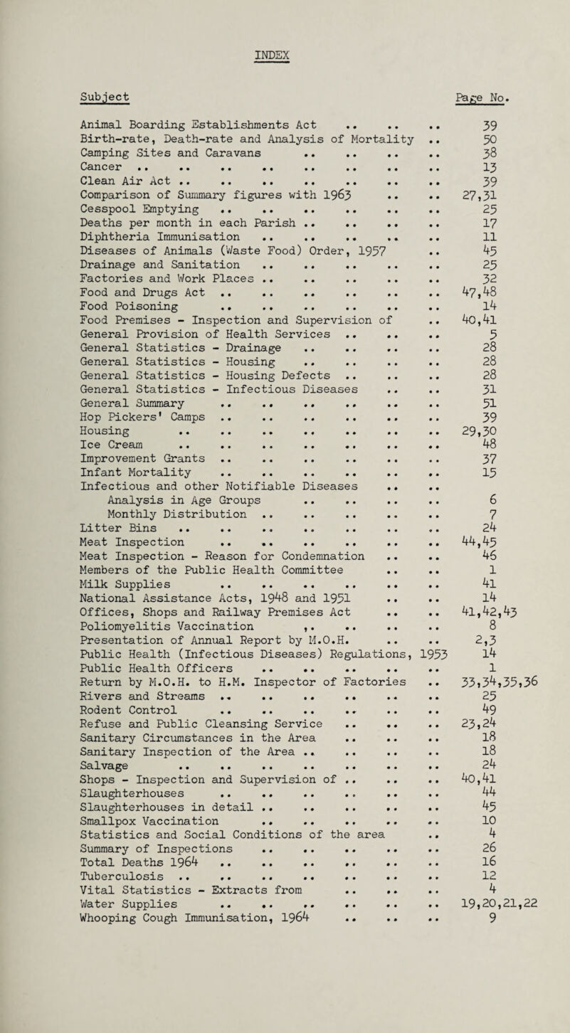 INDEX Subject Page No. 1957 Animal Boarding Establishments Act Birth-rate, Death-rate and Analysis of Mortality Camping Sites and Caravans Cancer .. Clean Air Act .. Comparison of Summary figures with 1963 Cesspool Emptying Deaths per month in each Parish Diphtheria Immunisation Diseases of Animals (Waste Food) Order, Drainage and Sanitation Factories and Work Places Food and Drugs Act Food Poisoning .. Food Premises - Inspection and Supervision of General Provision of Health Services General Statistics - Drainage General Statistics - Housing General Statistics - Housing Defects General Statistics - Infectious Diseases General Summary Hop Pickers' Camps Housing Ice Cream Improvement Grants Infant Mortality Infectious and other Notifiable Diseases Analysis in Age Groups Monthly Distribution Litter Bins Meat Inspection .. Meat Inspection - Reason for Condemnation Members of the Public Health Committee Milk Supplies .. .. National Assistance Acts, 1948 and 1951 Offices, Shops and Railway Premises Act Poliomyelitis Vaccination ,. Presentation of Annual Report by M.O.H Public Health (Infectious Diseases) Regulations, 1 Public Health Officers Return by M.O.H. to H.M. Inspector of Factories Rivers and Streams .. .. Rodent Control Refuse and Public Cleansing Service Sanitary Circumstances in the Area Sanitary Inspection of the Area Salvage .. .. Shops - Inspection and Supervision of Slaughterhouses .. Slaughterhouses in detail Smallpox Vaccination Statistics and Social Conditions of the Summary of Inspections .. . Total Deaths 1964 .. .. . Tuberculosis Vital Statistics - Extracts from Water Supplies .. •. . area 953 39 50 38 13 39 27,31 25 17 11 45 25 32 47,48 14 4o,4l 5 28 28 28 31 51 39 29,30 48 37 15 7 24 44.43 46 1 4l 14 41.42.43 8 2,3 l4 1 33,34,35,36 25 49 23,24 18 18 24 4o,4l 44 45 10 4 26 16 12 4 19,20,21,22