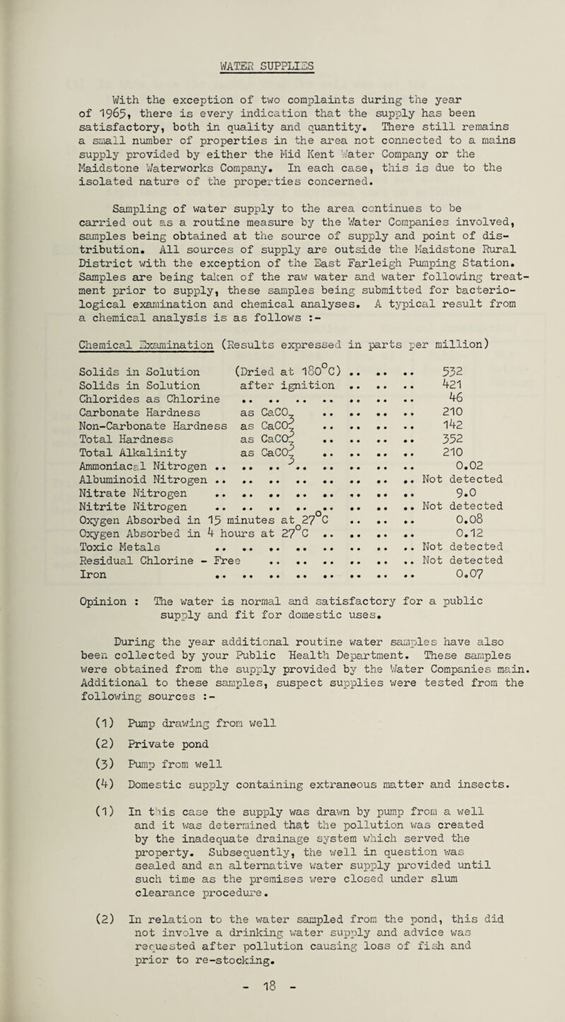 WATER SUPPLIES With the exception of two complaints during the year of 1965, there is every indication that the supply has been satisfactory, both in quality and quantity. There still remains a small number of properties in the area not connected to a mains supply provided by either the Mid Kent Water Company or the Maidstone Waterworks Company. In each case, this is due to the isolated nature of the properties concerned. Sampling of water supply to the area continues to be carried out as a routine measure by the Water Companies involved, samples being obtained at the source of supply and point of dis¬ tribution. All sources of supply are outside the Maidstone Rural District with the exception of the East Farleigh Pumping Station. Samples are being taken of the raw water and water following treat¬ ment prior to supply, these samples being submitted for bacterio¬ logical examination and chemical analyses. A typical result from a chemical analysis is as follows Chemical Examination (Results expressed in parts per million) Solids in Solution (Dried at l80°C) Solids in Solution Chlorides as Chlorine Carbonate Hardness Non-Carbonate Hardness Total Hardness Total Alkalinity Ammoniacal Nitrogen .. Albuminoid Nitrogen .. Nitrate Nitrogen Nitrite Nitrogen .. _ _ . _ .. Oxygen Absorbed in 15 minutes at 27 C Oxygen Absorbed in 4 hours at 27 C . Toxic Metals .. .. .. Residual Chlorine - Free . Iron . after ignition as CaCO_ .• as CaCCL as CaCOq .. as CaCO .. 532 4-21 46 210 142 352 210 0.02 Not detected 9.0 Not detected 0.08 0.12 Not detected Not detected 0.07 Opinion : The water is normal and satisfactory for a public supply and fit for domestic uses. During the year additional routine water samples have also been collected by your Public Health Department. These samples were obtained from the supply provided by the Water Companies main. Additional to these samples, suspect supplies were tested from the following sources (1) Pump drawing from well (2) Private pond (3) Pump from well (4) Domestic supply containing extraneous matter and insects. (1) In this case the supply was drawn by pump from a well and it was determined that the pollution was created by the inadequate drainage system which served the property. Subsequently, the well in question was sealed and an alternative water supply provided until such time as the premises were closed under slum clearance procedure. (2) In relation to the water sampled from the pond, this did not involve a drinking water supply and advice was requested after pollution causing loss of fish and prior to re-stocking. 18