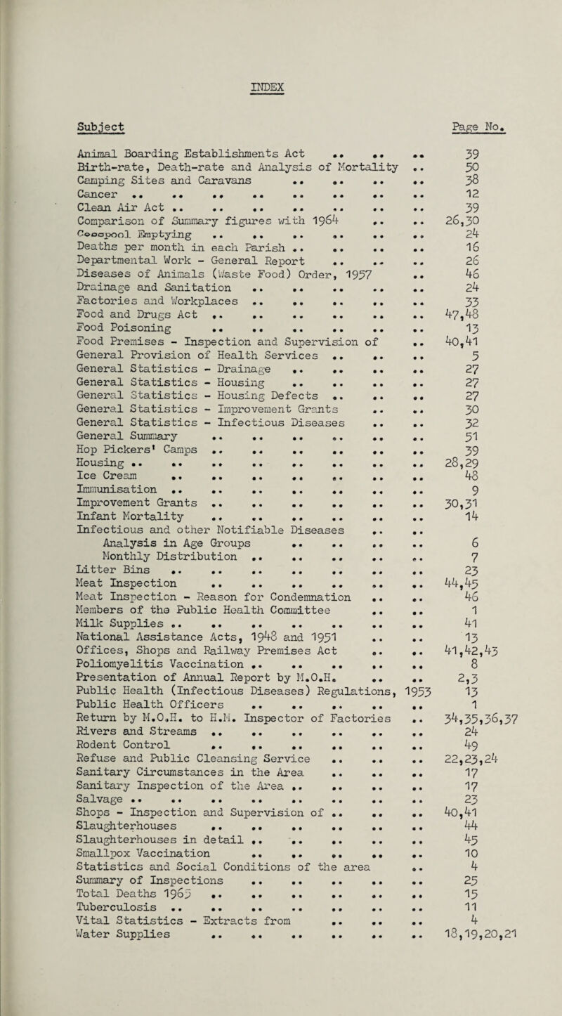 INDEX Subject Page No. Animal Boarding Establishments Act •• •• *. 39 Birth-rate, Death-rate and Analysis of Mortality .. 30 Camping Sites and Caravans •• .. .* •• 38 Cancer •. •• .• •• .. •• •• .. 12 Clean Air Act .. .. •. •. .. .. .. 39 Comparison of Summary figures with 1964 ,. .. 26,30 Cooopoo], Saptying .. .. ,. .. .. 24 Deaths per month in each Parish • • .. .. .. 16 Departmental Work - General Report .. .. .. 26 Diseases of Animals (Waste Food) Order, 1957 •• 46 Drainage and Sanitation .. .. .. .. .. 24 Factories and V/orkplaces .. .. .. .. .. 33 Food and Drugs Act •. .. .. .. .. .. 47,48 Food Poisoning ». .. .. .. .. .. 13 Food Premises - Inspection and Supervision of .. 40,4l General Provision of Health Services .. .. .. 3 General Statistics - Drainage .. .. .. 27 General Statistics - Housing .. .. .. .. 27 General Statistics - Housing Defects •. •. .. 27 General Statistics - Improvement Grants .. .. 30 General Statistics - Infectious Diseases .. .. 32 General Summary .. .. .. .. .. .. 31 Hop Pickers * Camps •. .« .. .. .. 39 Housing •. .. .. .. •. .. .. .. 28,29 Ice Cream ». .. .. .. .. .. 48 Immunisation •* .. .. .. .. .. 9 Improvement Grants .. .. .. .. .. .. 30,31 Infant Mortality .. .. .. .. .. 14 Infectious and other Notifiable Diseases •. .. Analysis in Age Groups •. .. .. .. 6 Monthly Distribution •. •. .. .. *. 7 Litter Bins *. .. .. .. .. .. .. 23 Meat Inspection .. .. .. .. .. 44,45 Meat Inspection - Reason for Condemnation •. ». 46 Members of tho Public Health Committee .. .. 1 Milk Supplies .. •. .. .. .. .. .. 4'1 National Assistance Acts, 1948 and 195^ •• •• 13 Offices, Shops and Railway Premises Act .. 41,42,43 Poliomyelitis Vaccination .. •. .. .. .. 8 Presentation of Annual Report by M.O.H. *. 2,3 Public Health (Infectious Diseases) Regulations, 1953 13 Public Health Officers .. .. .. .. .. 1 Return by M.0»H. to H.M* Inspector of Factories .. 34,35*36,37 Rivers and Streams «. .. .. .. .. 24 Rodent Control ». ,. .. .. 49 Refuse and Public Cleansing Service .. *. .. 22,23,24 Sanitary Circumstances in the Area .. «. .. 17 Sanitary Inspection of the Area ». .. .. .. 17 Salvage .. .. .. .. .. .. .. .. 23 Shops - Inspection and Supervision of .. .. .. 4o,4l Slaughterhouses .. *. .. .. .. .. 44 Slaughterhouses in detail ». .. .. .. .. 45 Smallpox Vaccination .. ,. .. .. 10 Statistics and Social Conditions of the area •. 4 Summary of Inspections .. .. .. .. .. 25 Total Deaths 19o5 •• •• •• •• •• •• 15 Tuberculosis .. •. •. .. .. .. .. 11 Vital Statistics - Extracts from .. .. 4 Water Supplies •. «. .. .. .. .. 18,19,20,21