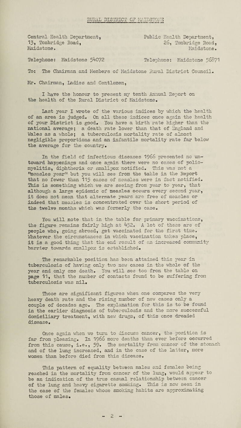 Central Health. Department 13j Tonbridge Road, Maidstone. Public Health Department, 26, Tonbridge Road, Maidstone * Telephone: Maidstone 54072 Telephone: Maidstone 5687I To: The Chairman and Members of Maidstone Rural District Council. Mr. Chairman, Ladies and Gentlemen, I have the honour to present my tenth Annual Report on the health of the Rural District of Maidstone. Last year I wrote of the various indices by which the health of an area is judged. On all these indices once again the health of your District is good. You have a birth rate higher than the national average; a death rate lower than that of Lngland and Wales as a whole; a tuberculosis mortality rate of almost negligible proportions and an infantile mortality rate far below the average for the country. In the field of infectious diseases 1966 presented 11c -un¬ toward happenings and once again there were no ca.ses of polio¬ myelitis, diphtheria or smallpox notified. This was not a measles year but you will see from the table in the Report that no fewer than 115 cases of measles were in fact notified. This is something which we are seeing from year to year, that although a large epidemic of measles occurs every second year, it does not mean that alternate years are free of measles or Indeed that measles is concentrated over the short period of the twelve months which was formerly the case. You will note that in the table for primary vaccina.tions, the figure remains fairly high at 432. A lot of these are of people who, going abroa.d, get vaccinated for the first time. Whatever the circumstances in which vaccination takes place, it is a good thing that the end result of an increased community barrier towards smallpox is established. The remarkable position has been attained this year in tuberculosis of having only two new cases in the whole of the year and only one death. You will see too from the table on page 11, that the number of contacts found to be suffering from tuberculosis was nil. Those are significant figures when one compares the very heavy death rate and the rising number of new cases only a couple of decades ago. The explanation for this is to be found in the earlier diagnosis of tuberculosis and the more successful domiciliary treatment, with new drugs, of this once dreaded disease. Once again when we turn to discuss cancer, the position is far from pleasing. In i960 more deaths than ever before occurred from this cause, i.e., 39. The mortality from cancer of the stomach and of the lung increased, and in the case of the latter, more women than before died from this disease. This pattern of equality between males and females being reached in the mortality from cancer of the lung, would appear to be an indication of the true casual relationship between cancer of the lung and heavy cigarette smoking. This is now seen in the case of the females whose smoking habits are approximating those of males.