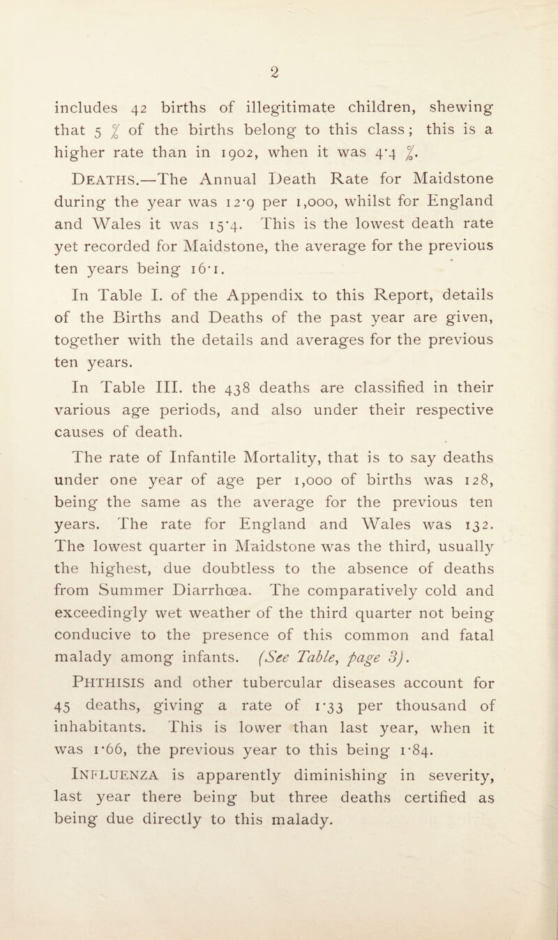 includes 42 births of illegitimate children, shewing that 5 °/o of the births belong to this class; this is a higher rate than in 1902, when it was 4*4 %. Deaths.—The Annual Death Rate for Maidstone during the year was 12*9 per i,ooo, whilst for England and Wales it was 15*40 This is the lowest death rate yet recorded for Maidstone, the average for the previous ten years being 16*1. In Table I. of the Appendix to this Report, details of the Births and Deaths of the past year are given, together with the details and averages for the previous ten years. In Table III. the 438 deaths are classified in their various age periods, and also under their respective causes of death. The rate of Infantile Mortality, that is to say deaths under one year of age per 1,000 of births was 128, being the same as the average for the previous ten years. The rate for England and Wales was 132. The lowest quarter in Maidstone was the third, usually the highest, due doubtless to the absence of deaths from Summer Diarrhoea. The comparatively cold and exceedingly wet weather of the third quarter not being conducive to the presence of this common and fatal malady among infants. (See Table, page 3). Phthisis and other tubercular diseases account for 45 deaths, giving a rate of 1-33 per thousand of inhabitants. This is lower than last year, when it was i*66, the previous year to this being* 1*84. Influenza is apparently diminishing in severity, last year there being but three deaths certified as being due directly to this malady.