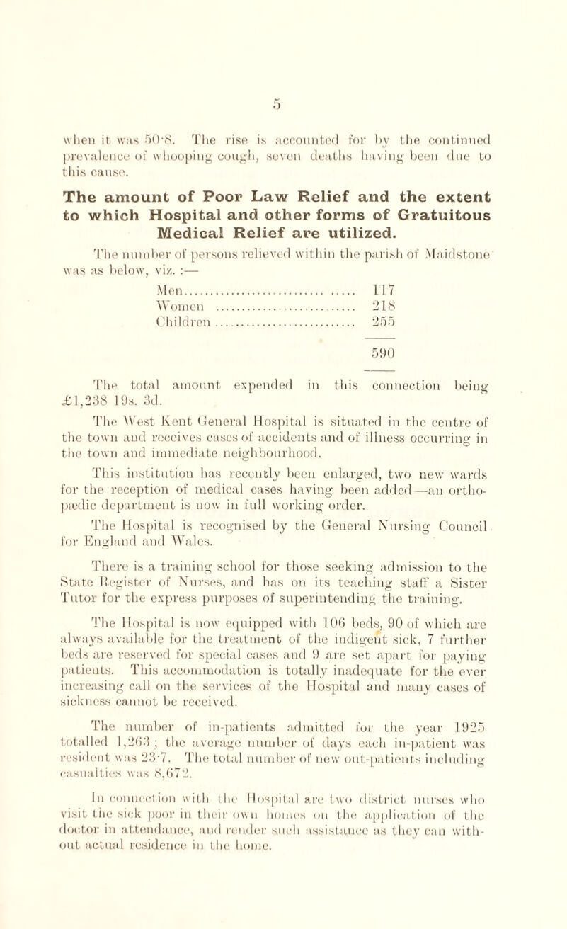 when it was 50-8. The rise is accounted for by the continued prevalence of whooping cough, seven deaths having been due to this cause. The amount of Poor Law Relief and the extent to which Hospital and other forms of Gratuitous Medical Relief are utilized. The number of persons relieved within the parish of Maidstone was as below, viz. :— Men. 117 Women . 218 Children. 255 590 The total amount expended in this connection being £1,238 19s. 3d. The West Kent General Hospital is situated in the centre of the town and receives cases of accidents and of illness occurring in the town and immediate neighbourhood. This institution has recently been enlarged, two new wards for the reception of medical cases having been added—an ortho¬ pedic department is now in full working order. The Hospital is recognised by the General Nursing Council for England and Wales. There is a training school for those seeking admission to the State Register of Nurses, and has on its teaching staff a Sister Tutor for the express purposes of superintending the training. The Hospital is now equipped with 106 beds, 90 of which are always available for the treatment of the indigent sick, 7 further beds are reserved for special cases and 9 are set apart for paying patients. This accommodation is totally inadequate for the ever increasing call on the services of the Hospital and many cases of sickness cannot be received. The number of in-patients admitted for the year 1925 totalled 1,263; the average number of days each in-patient was resident was 23'7. The total number of new out-patients including casualties was 8,672. In connection with the Hospital are two district nurses who visit tiie sick poor in their own homes on the application of the doctor in attendance, and render such assistance as they can with¬ out actual residence in the home.