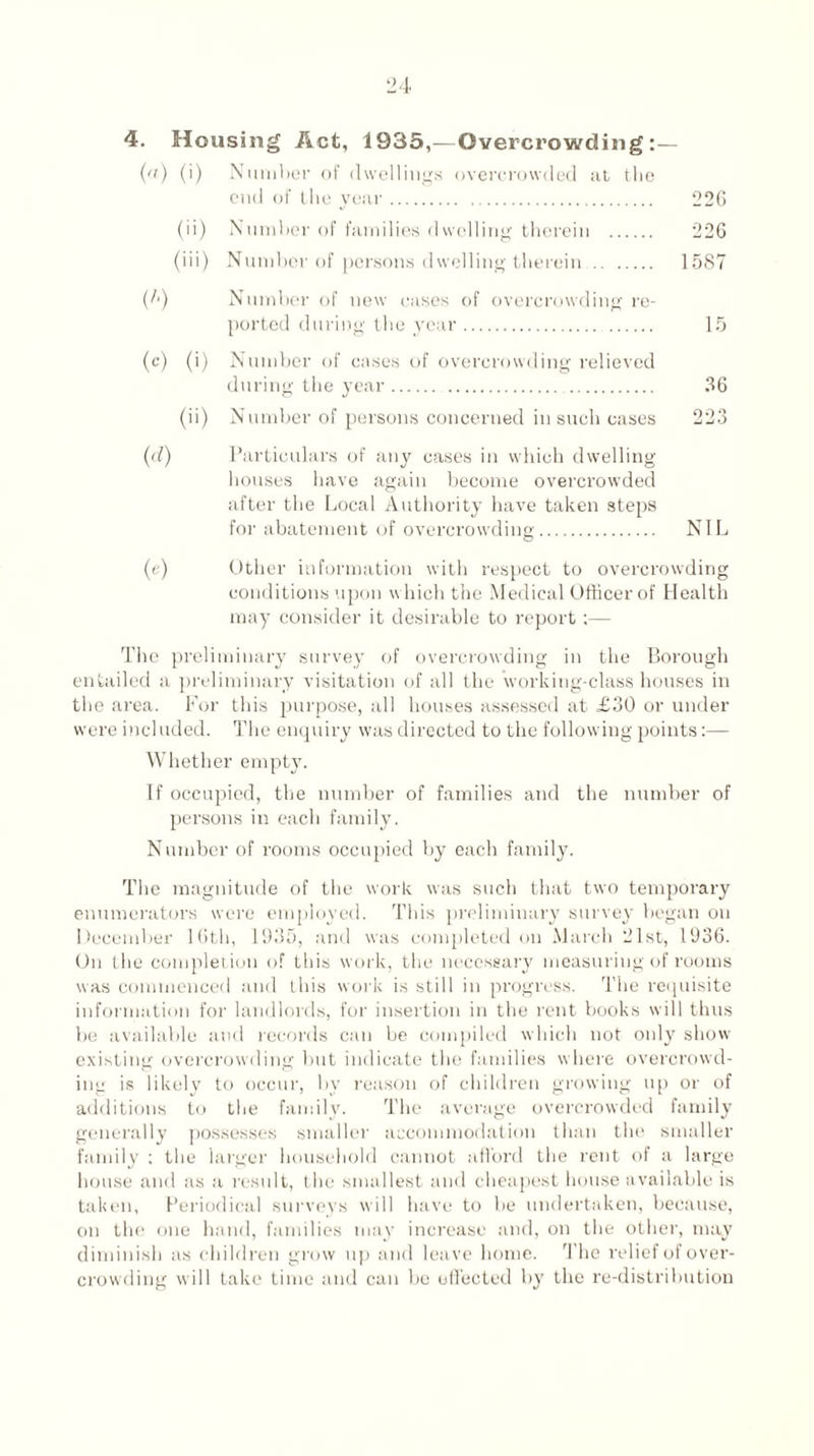4. Housing Act, 1935,—Overcrowding:— (a) (i) Number of dwellings overcrowded at the end of the year. 226 (ii) Number of families dwelling therein . 226 (iii) Number of persons dwelling therein . 1587 (A) Number of new cases of overcrowding re¬ ported during the year. . 15 (c) (i) Number of cases of overcrowding relieved during the year. 36 (ii) Number of persons concerned in such cases 223 (d) Particulars of any cases in which dwelling houses have again become overcrowded after the Local Authority have taken steps for abatement of overcrowding. NIL (e) Other information with respect to overcrowding conditions upon which the Medical Officer of Health may consider it desirable to report;— The preliminary survey of overcrowding in the Borough entailed a preliminary visitation of all the working-class houses in the area. For this purpose, all houses assessed at £30 or under were included. The enquiry was directed to the following points:— Whether empty. If occupied, the number of families and the number of persons in each family. Number of rooms occupied by each family. The magnitude of the work was such that two temporary enumerators were employed. This preliminary survey began on December 16th, 1935, and was completed on March 21st, 1936. On the completion of this work, the necessary measuring of rooms was commenced and this work is still in progress. The requisite information for landlords, for insertion in the rent books will thus be available and records can be compiled which not only show existing overcrowding but indicate the families where overcrowd¬ ing is likely to occur, by reason of children growing up or of additions to the family. The average overcrowded family generally possesses smaller accommodation than the smaller family ; the larger household cannot afford the rent of a large house and as a result, the smallest and cheapest house available is taken, Periodical surveys will have to be undertaken, because, on the one hand, families may increase and, on the other, may diminish as children grow up and leave home. The relief of over¬ crowding wall take time and can be effected by the re-distribution