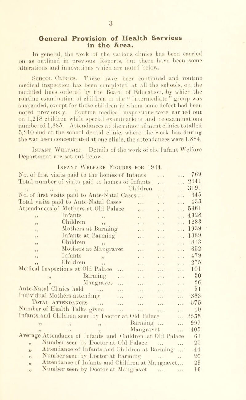 General Provision of Health Services in the Area. In general, the work of the various clinics has been carried on as outlined in previous Reports, but there have been some alterations and innovations which are noted below. School Clinics. These have been continued and routine medical inspection has been completed at all the schools, on the modified lines ordered by the Board of Education, by which the routine examination of children in the “ Intermediate’’ group was suspended, except for those children in whom some defect had been noted previously. Routine medical inspections were carried our, on 1,218 children while special examinations and re-examinations numbered 1,885. Attendances at the minor ailment clinics totalled 5,210 and at the school dental clinic, where the work has during the war been concentrated at one clinic, the attendances were 1,884. Infant Welfare. Details of the work of the Infant Welfare Department are set out below. Infant Welfare Figures for 1914. No. of first visits paid to the homes of Infants Total number of visits paid to homes of Infants „ ,, „ ,, Children .. No. of first visits paid to Ante-Natal Cases Total visits paid to Ante-Natal Cases Attendances of Mothers at Old Palace ,, Infants ,, „ Children »> > J >> Mothers at Banning Infants at Banning Children ,, ,, Mothers at Mangravet „ Infants ,, ,, Children ,, Medical Inspections at Old Palace „ Banning ,, Mangravet Ante-Natal Clinics held Individual Mothers attending Total Attendances Number of Health Talks given Infants and Children seen by Doctor at Old Palace j) ,, „ Banning . j) ,, ,„ Mangravet Average Attendance of Infants and Children at Old Palace „ Number seen by Doctor at Old Palace „ Attendance of Infants and Children at Banning „ Number seen by Doctor at Banning „ Attendance of Infants and Children at Mangravet ,, Number seen by Doctor at Mangravet 769 2441 3191 345 433 5961 4928 1283 1939 1389 813 652 479 275 101 50 26 51 383 575 40 2538 997 405 <; i 25 44 20 29 16